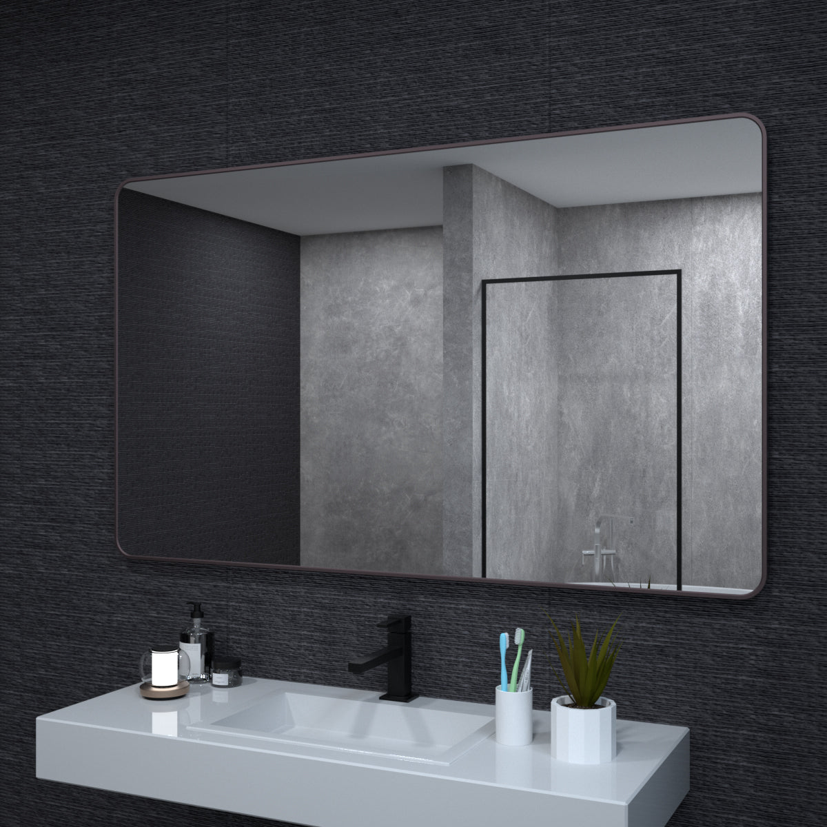 60X36 In. Aluminum Framed Rounded Rectangle Bathroom Wall Mirror, Oil Rubbed Bronze Bathroom Vanity Mirror Farmhouse, Anti Rust, Tempered Glass Mirrors, Hangs Horizontally Or Vertiy Oil Rubbed Bronze Aluminium