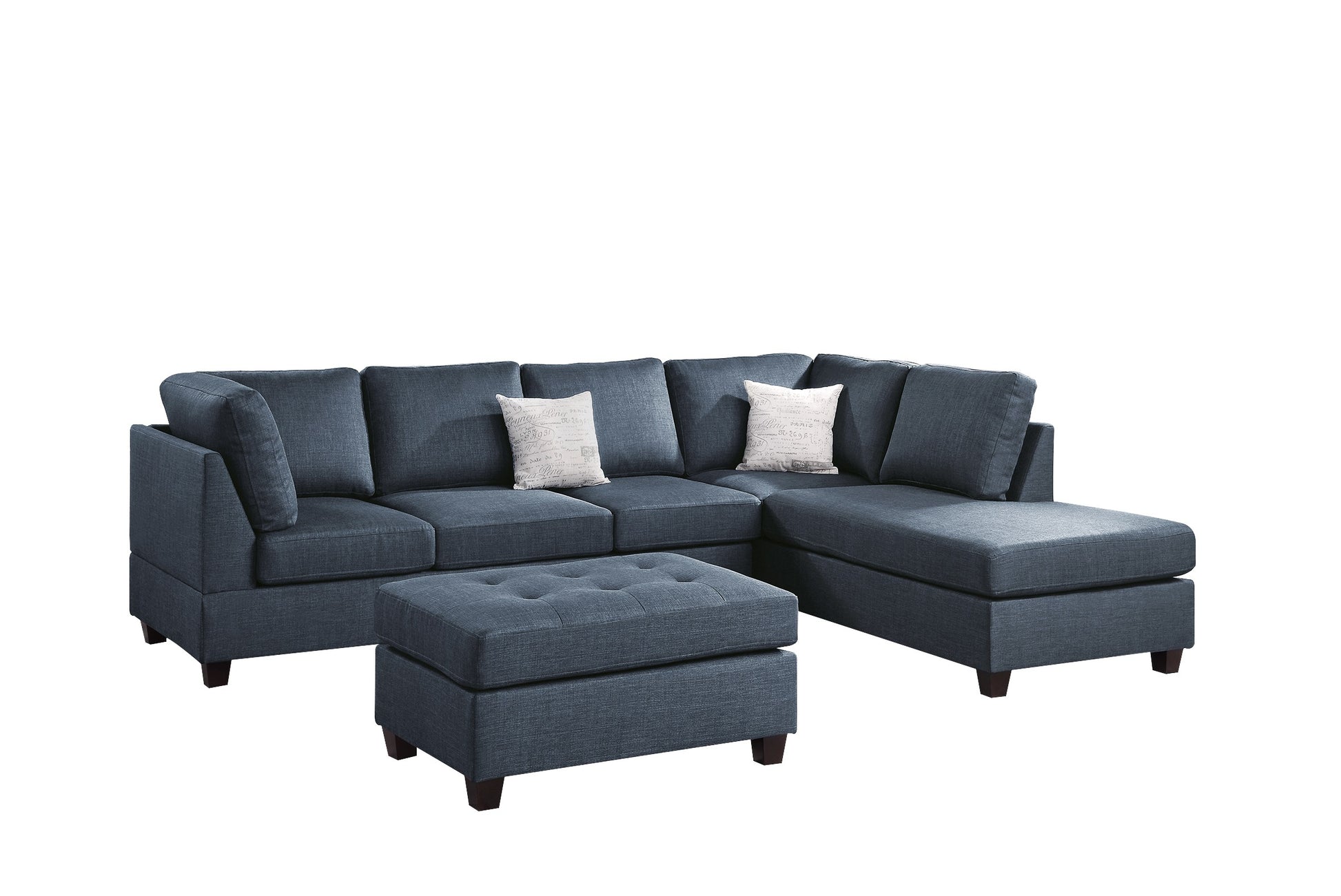 Contemporary 3Pc Reversible Sectional Sofa Set W Ottoman Dark Blue Dorris Fabric Cushion Sofa Chaise Ottoman Couch Pillows Dark Blue Wood Primary Living Space Cushion Back Contemporary,Modern L Shaped Rubberwood Particle Board 5 Seat