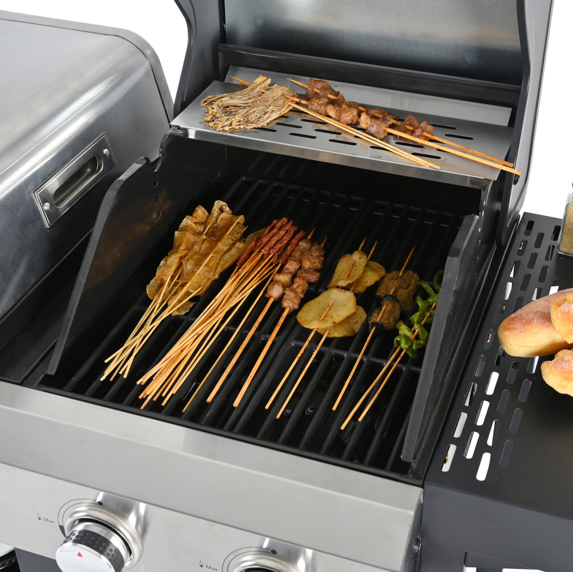 2 2 Multi Function Burner Gas Grill And Griddle Combo With Cover For Outdoor Cooking While Camping Or Tailgating Bbq,Frying,Pizza. Black And Silver Stainless Steel