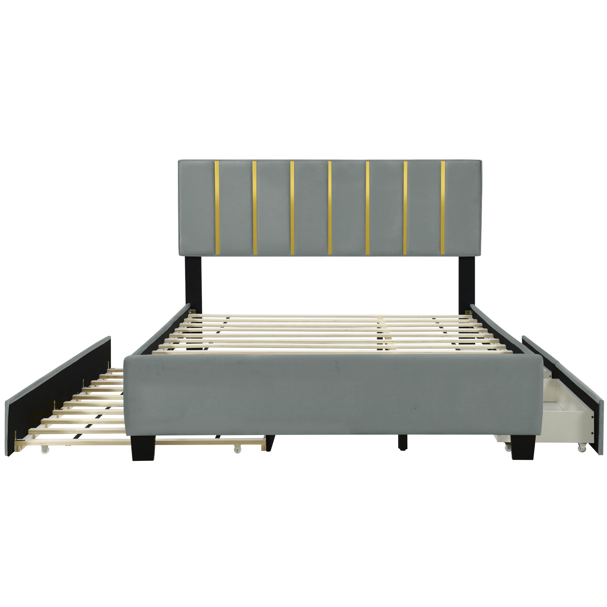 Queen Size Upholstered Platform Bed With 2 Drawers And 1 Trundle, Classic Metal Strip Headboard Design, Grey Queen Gray Mdf Lvl