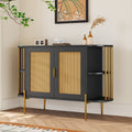 2 Door Elegant Curved Dining Cabinet With Gold Trim And Woven Rattan Doors For Dining Room Black Black Particle Board