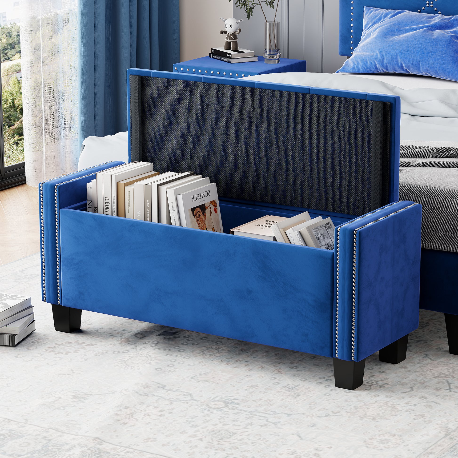 Upholstered Velvet Storage Ottoman Bench For Bedroom, End Of Bed Bench With Rivet Design, Tufted Foot Rest Stool,Blue Blue Blue Mdf