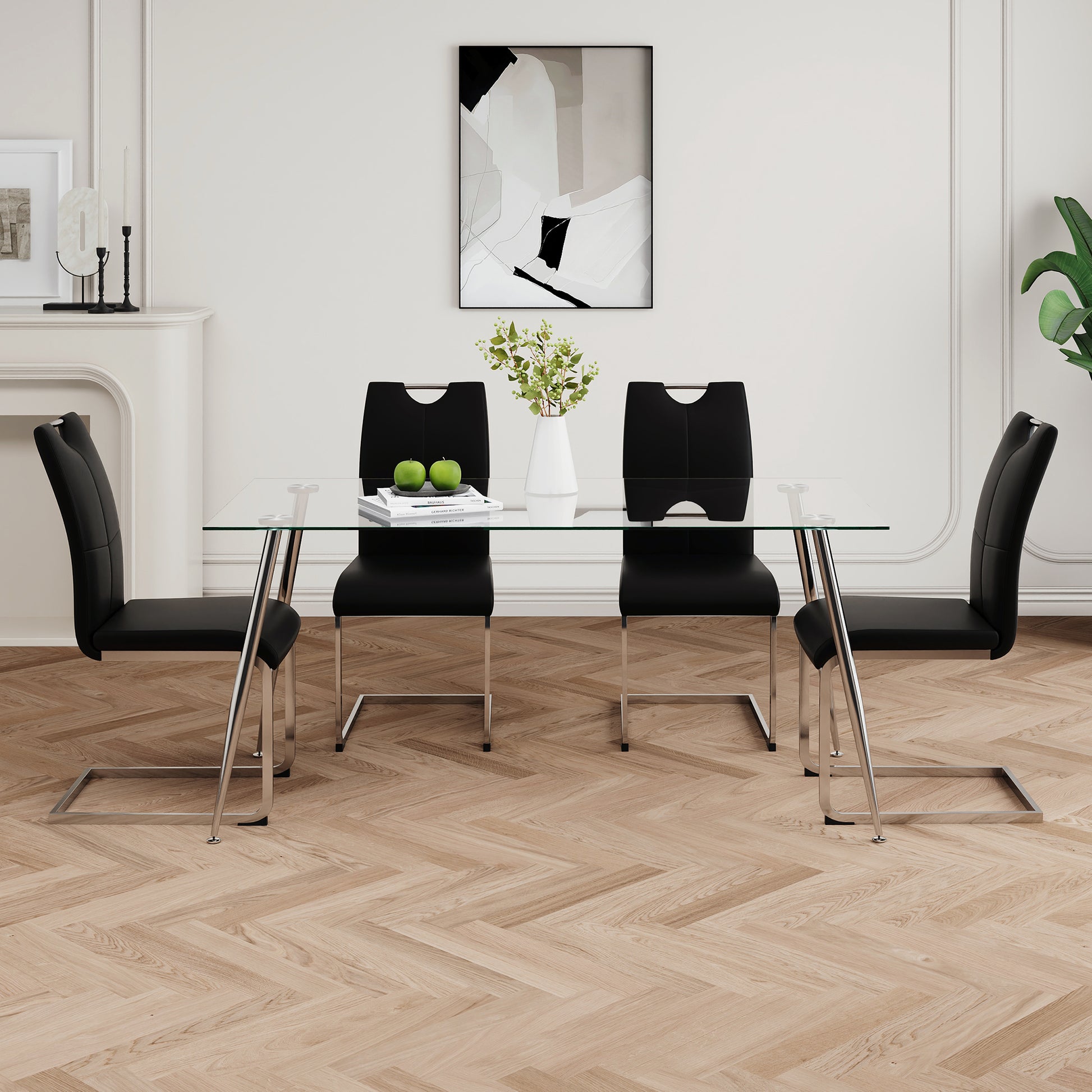 Modern Simple Rectangular Glass Dining Table, Solid Tempered Glass Tabletop, Electroplated Table Legs, Black Pu Dining Chair Set, Suitable For Restaurant Kitchen Use Set Of 5 Upholstered Chair Glass Black Pu Seats 4 Metal Rectangular Dining Table With
