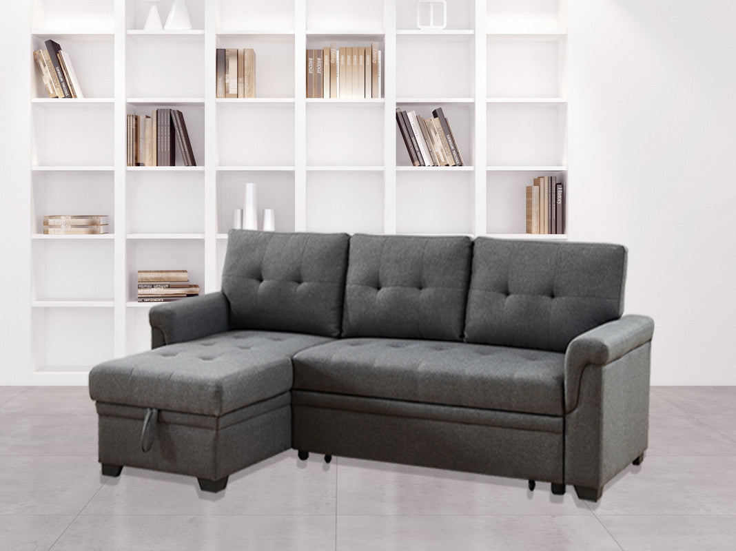 Destiny 84" Dark Gray Linen Reversible Sleeper Sectional Sofa With Storage Chaise Dark Gray Linen