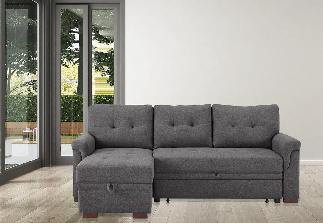 Destiny 84" Dark Gray Linen Reversible Sleeper Sectional Sofa With Storage Chaise Dark Gray Linen