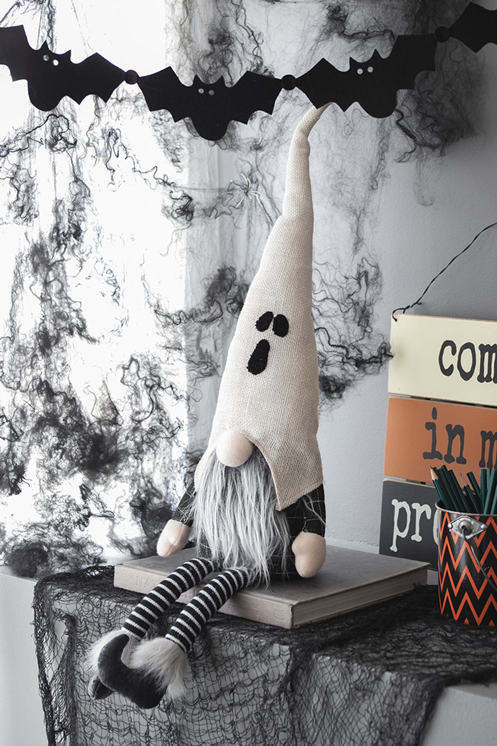 8.3X4X31.5" Fabric Sitting Gnome W White Ghost Hat, For Halloween Decor Black White Polyester