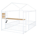 Full Size Metal Bed House Bed Frame With Desk, Shelves, Power Outlets And Usb Ports, White Full White Metal
