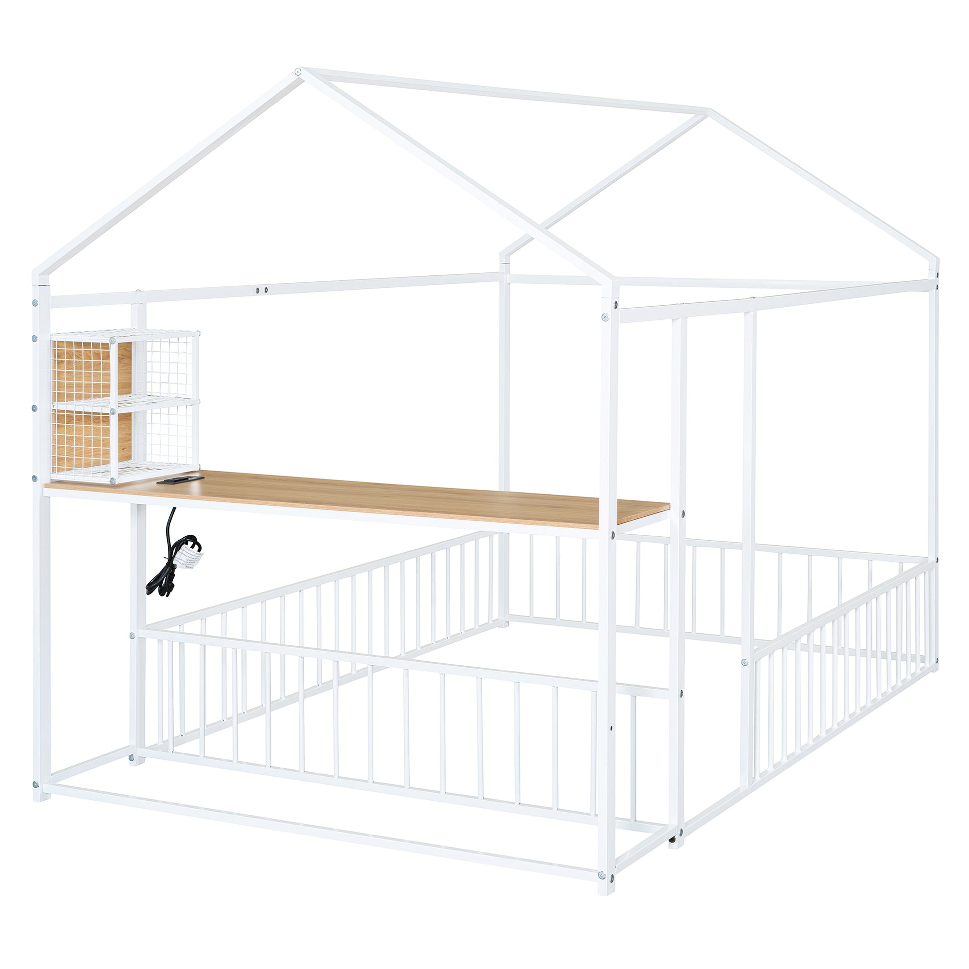 Full Size Metal Bed House Bed Frame With Desk, Shelves, Power Outlets And Usb Ports, White Full White Metal