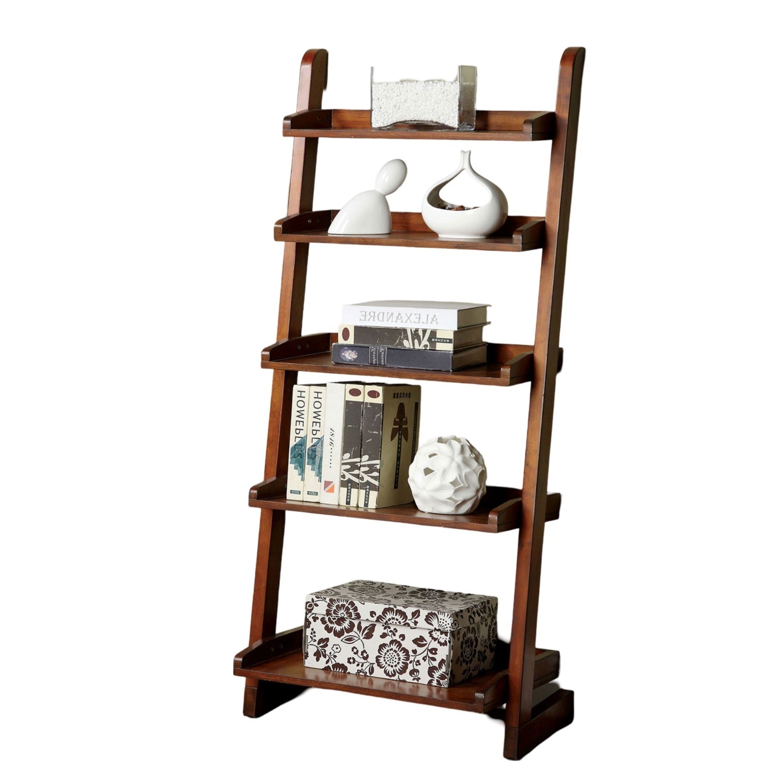 Antique Oak 1Pc Ladder Shelf 5 Tier Shelf For Books Modern Style Living Room Display Shelf Book Shelf 5 Oak Primary Living Space Open Back Contemporary,Modern,Rustic,Transitional Solid Wood