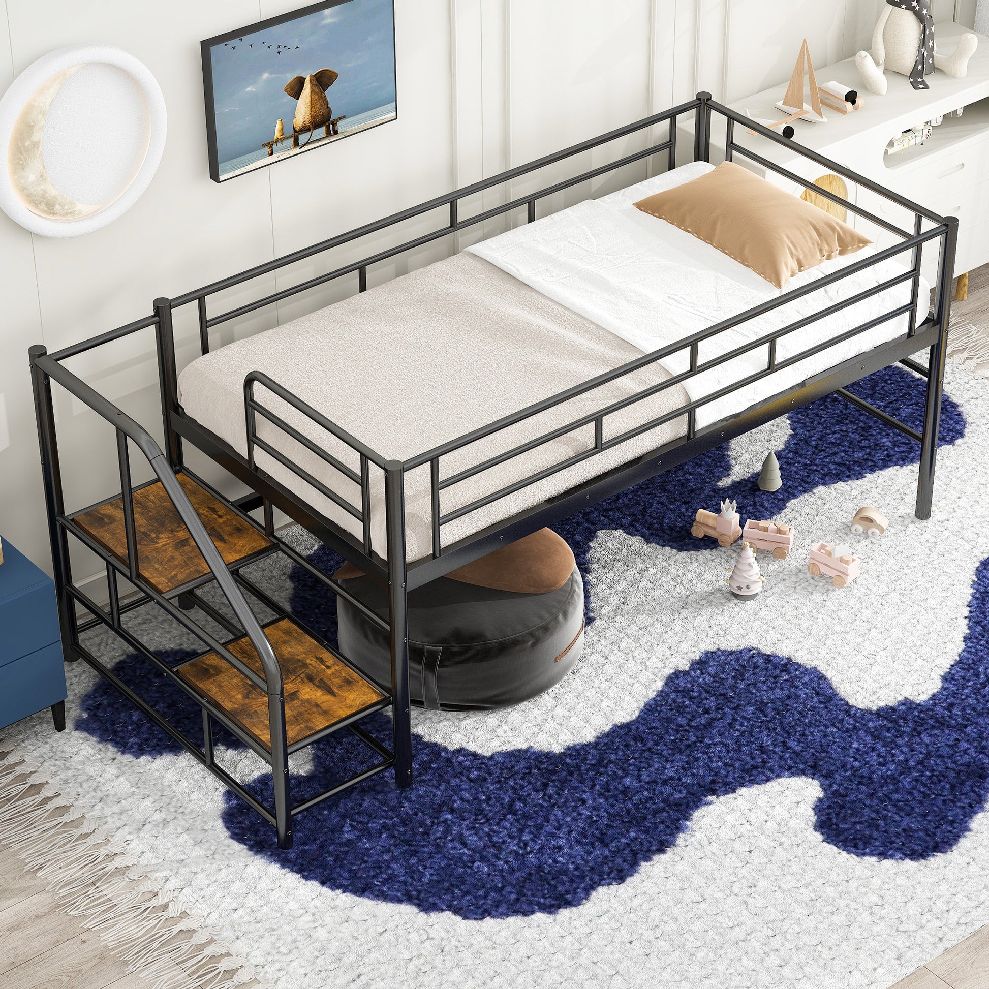 Mid Loft Bed With Storage Stairs, Twin, Black Twin Black Mdf Metal