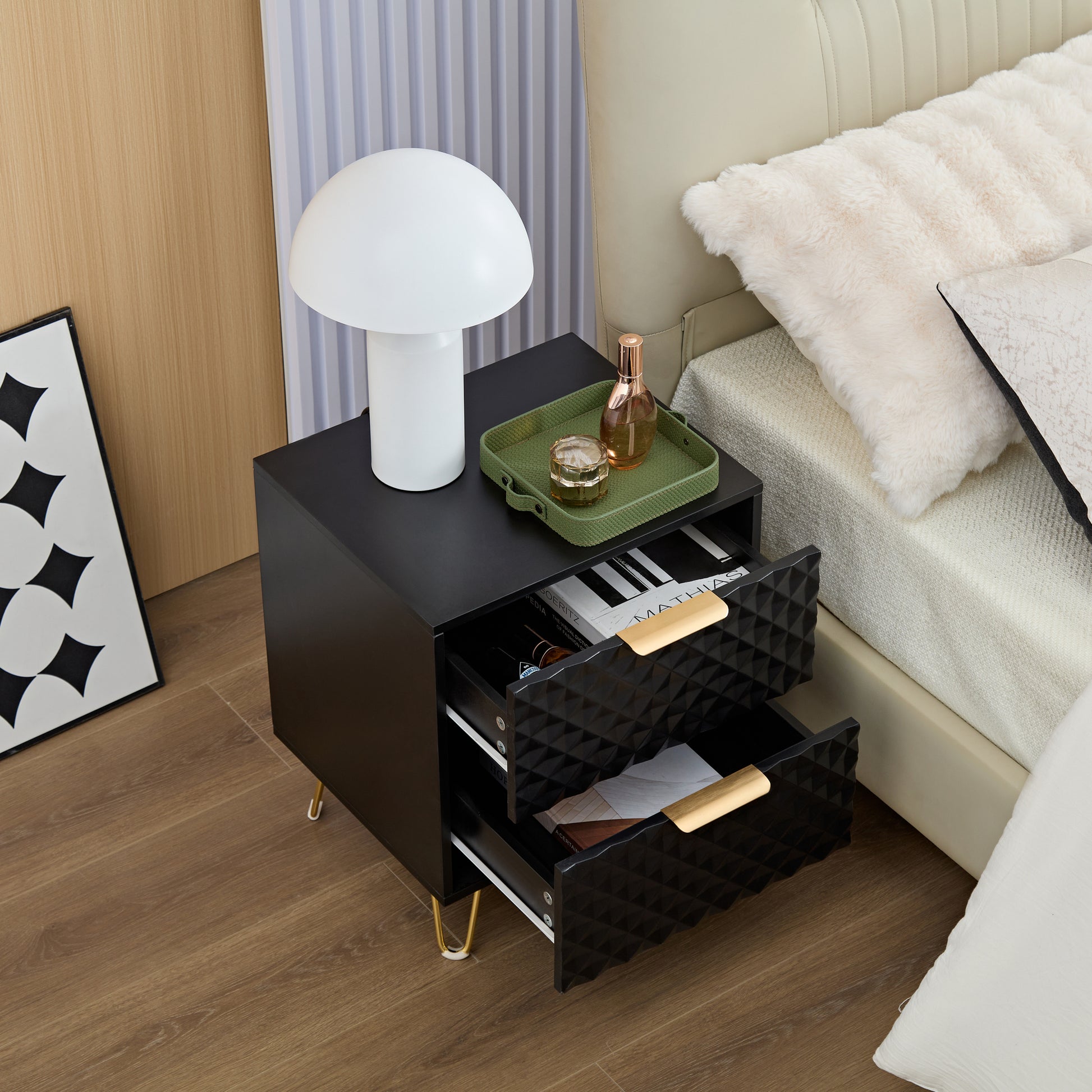 Black Nightstand,Luxury Carving Board 2 Drawer Night Stand Bed Side Table With Metal Legs, 20" Tall Wood Black Night For Bedroom, Living Room, Lounge 1 Pack Black 2 Drawers Bedroom American Design,American Traditional Particle Board Particle Board