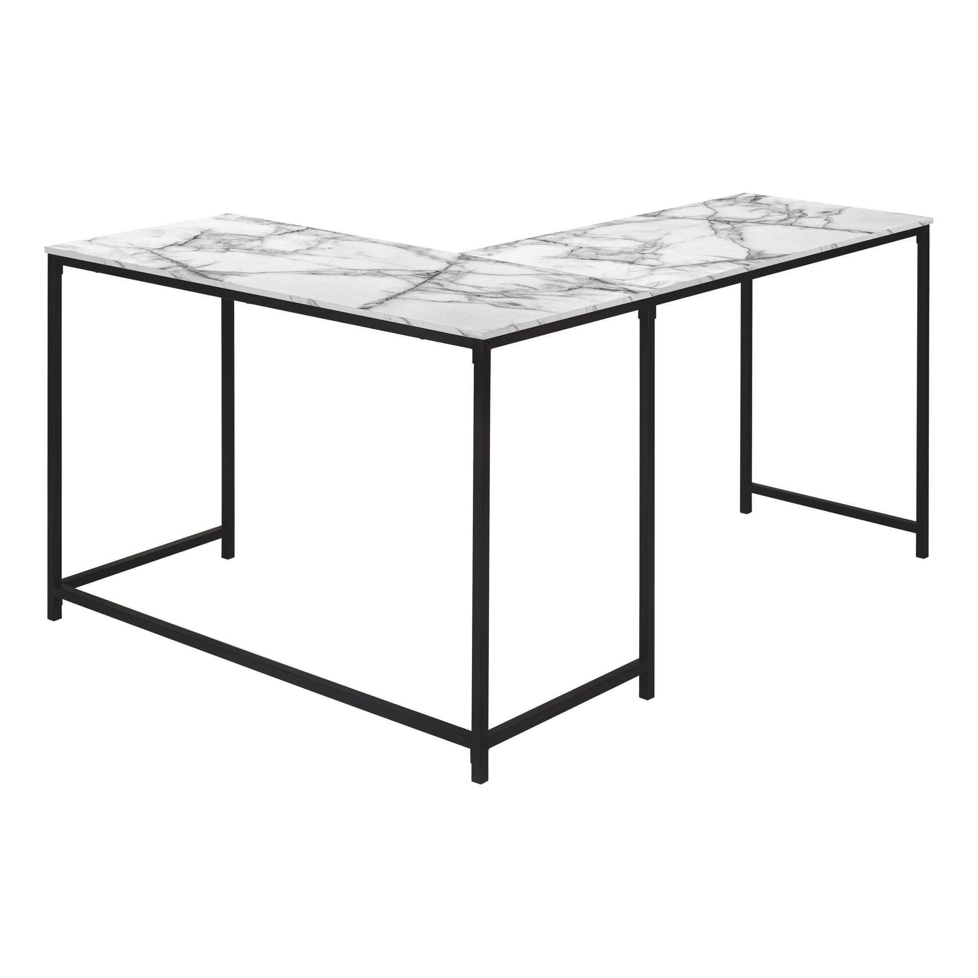 Computer Desk, Home Office, Corner, 58"L, L Shape, Work, Laptop, White Marble Look Laminate, Black Metal, Contemporary, Modern White Particle Board