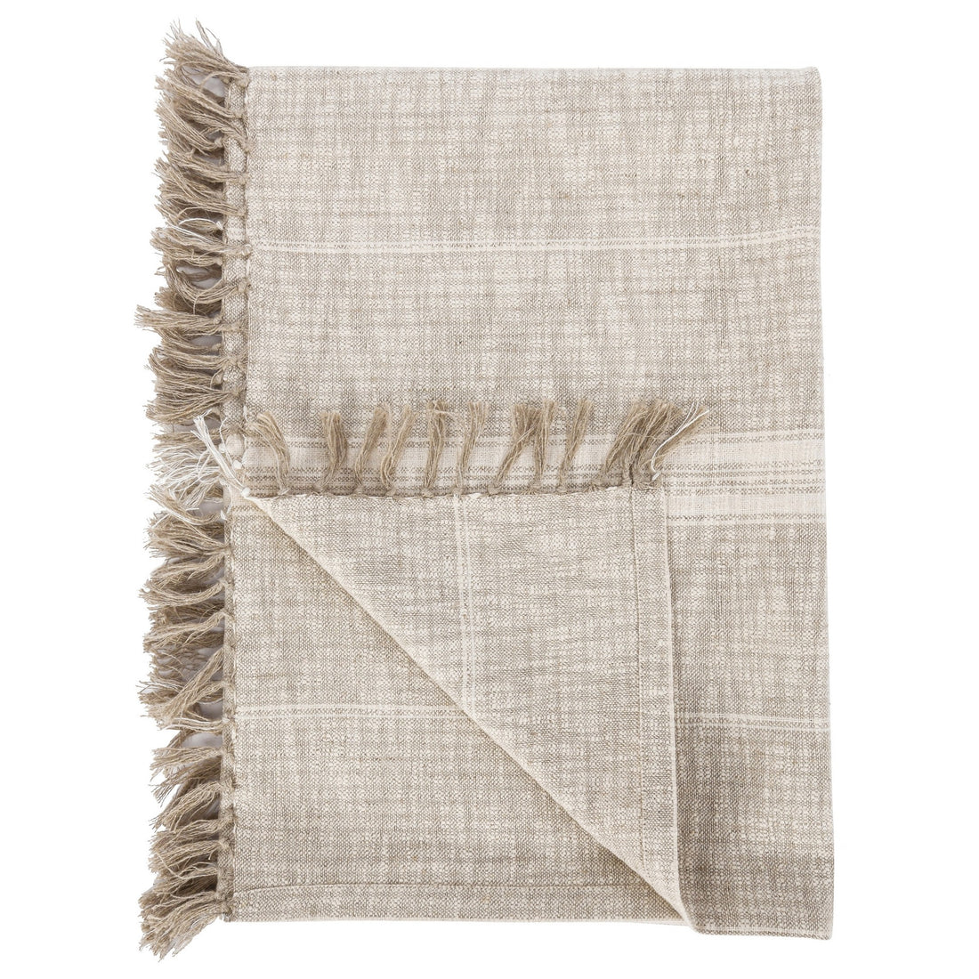 Uno 50 Inch Throw Blanket, Cotton And Linen, Woven Striped Design, Beige Beige Cotton Linen