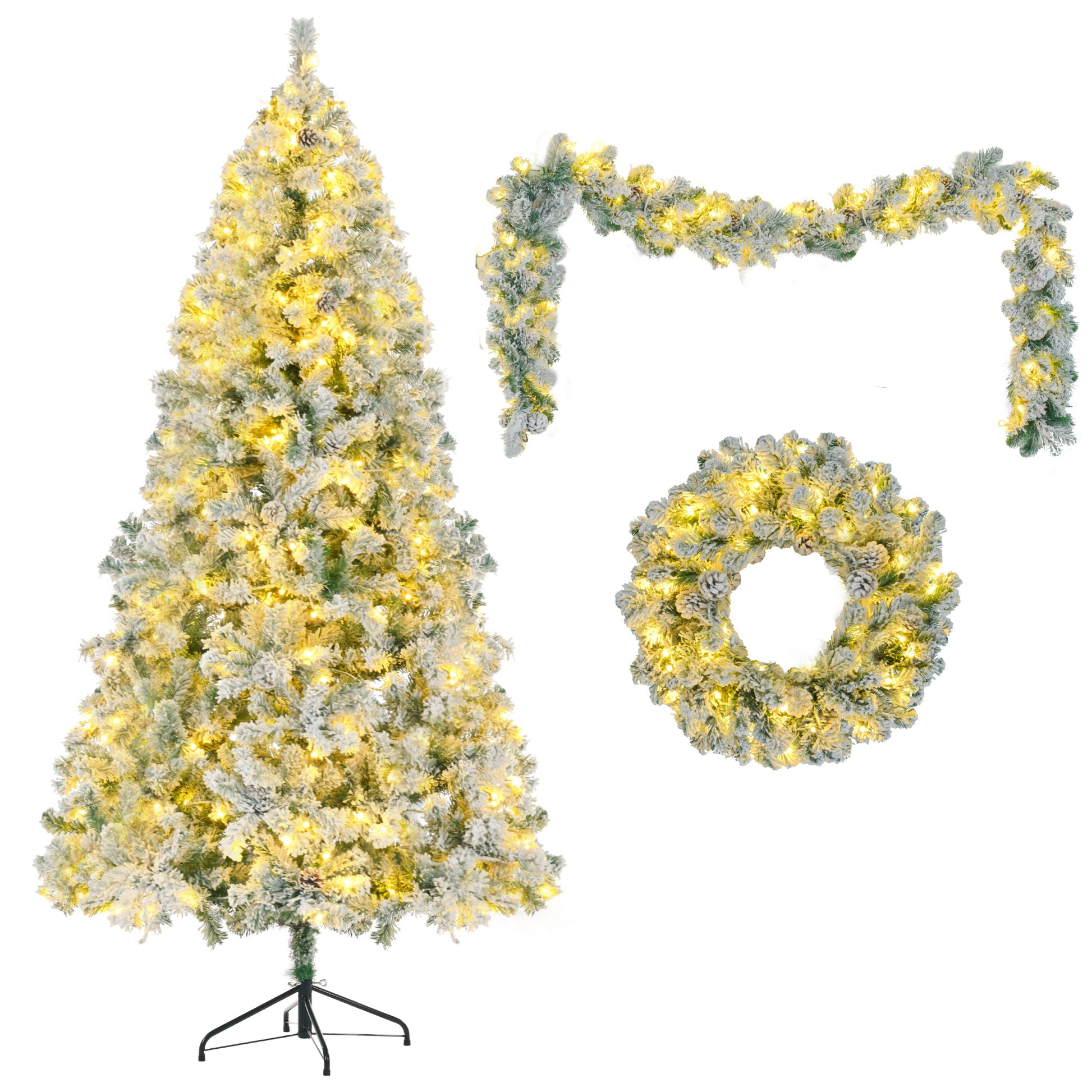 6Ft Snow Flocked Christmas Tree, Pre Lit Set With Tree & Garland & Wreath, Artificial Hinged Xmas Tree With Colorful Led Lights, 8 Lighting Modes, Pine Cones, Holiday D Cor For Home White Green Pvc