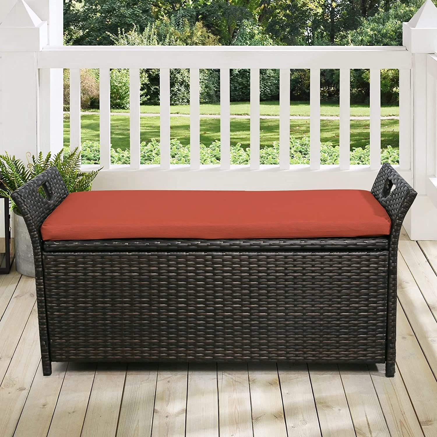 Patio Wicker Storage Bench Outdoor Rattan Deck Storage Box With Cushion Brown Metal