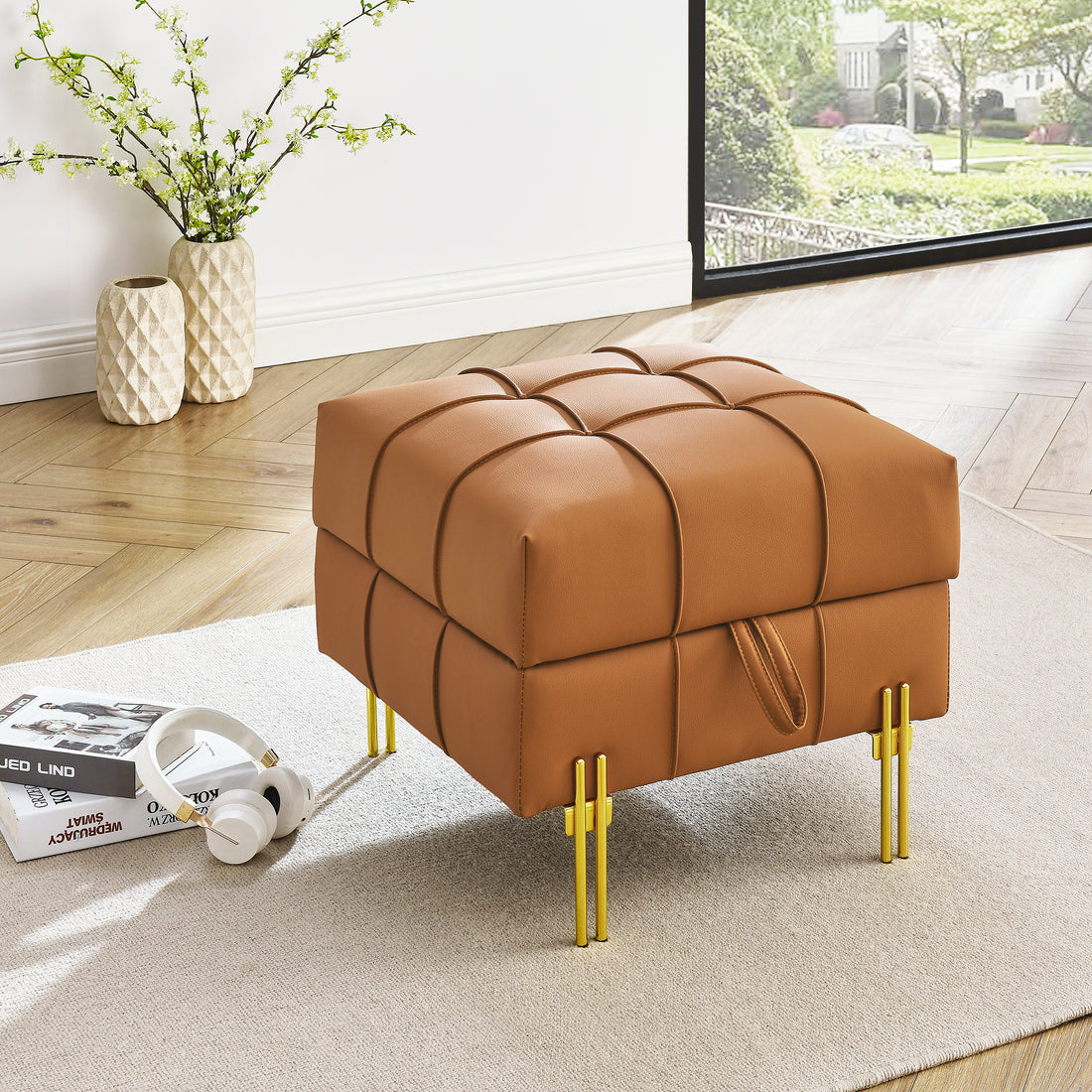 22 Inches Anti Scratch Leather Storage Ottoman, Pet Friendly Entryway Bench With Golden Stainless Steel Legs, Orange Orange Leather