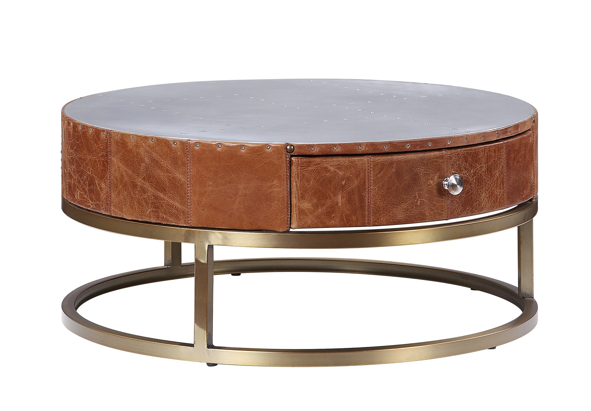 Aluminum And Cocoa Storage Coffee Table Brown Gold Primary Living Space Drawers Round Leather Sled