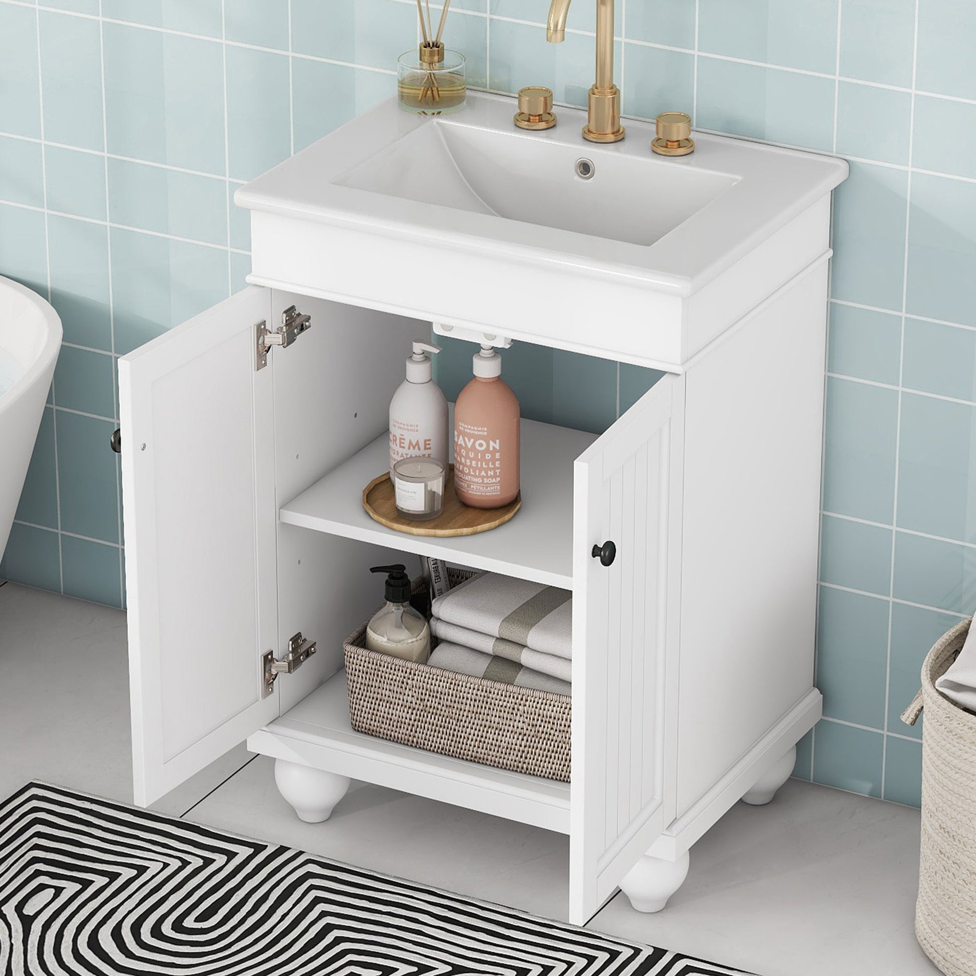 24" White Modern Sleek Bathroom Vanity Elegant Ceramic Sink With Solid Wood Frame, Adjustable Shelf White Solid Wood Mdf