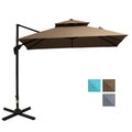 Outsunny 10Ft Offset Patio Umbrella With Base, Double Top Hanging Aluminum Cantilever Umbrella With 360 Degree Rotation, Easy Tilt, 8 Ribs, Crank, Cross Base, Cover, Strap, Coffee Coffee Steel