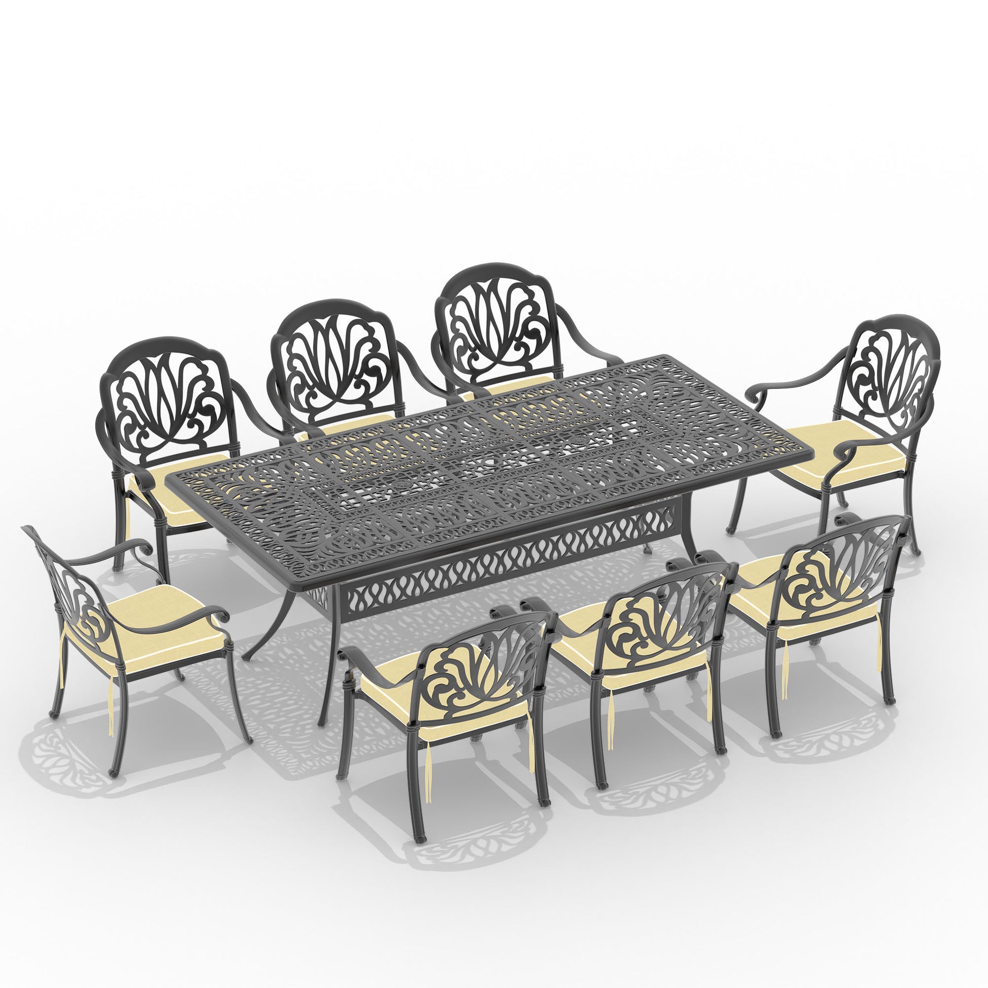 Cushions In Random Colors 9 Piece Set Of Cast Aluminum Patio Furniture With Cushions Yes Dining Set Black Seats 8 Rust Resistant Frame Water Resistant Cushion Garden & Outdoor Complete Patio Sets Aluminium