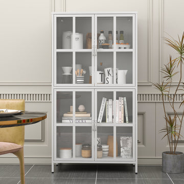 Premium Metal Storage Cabinet With Tempered Glass Doors,Sideboards & Buffets, Adjustable Shelves, Anti Tipping Device, Magnetic Silent Closure, And Adjustable Feet For Home And Office Use White Primary Living Space Modern Metal Metal