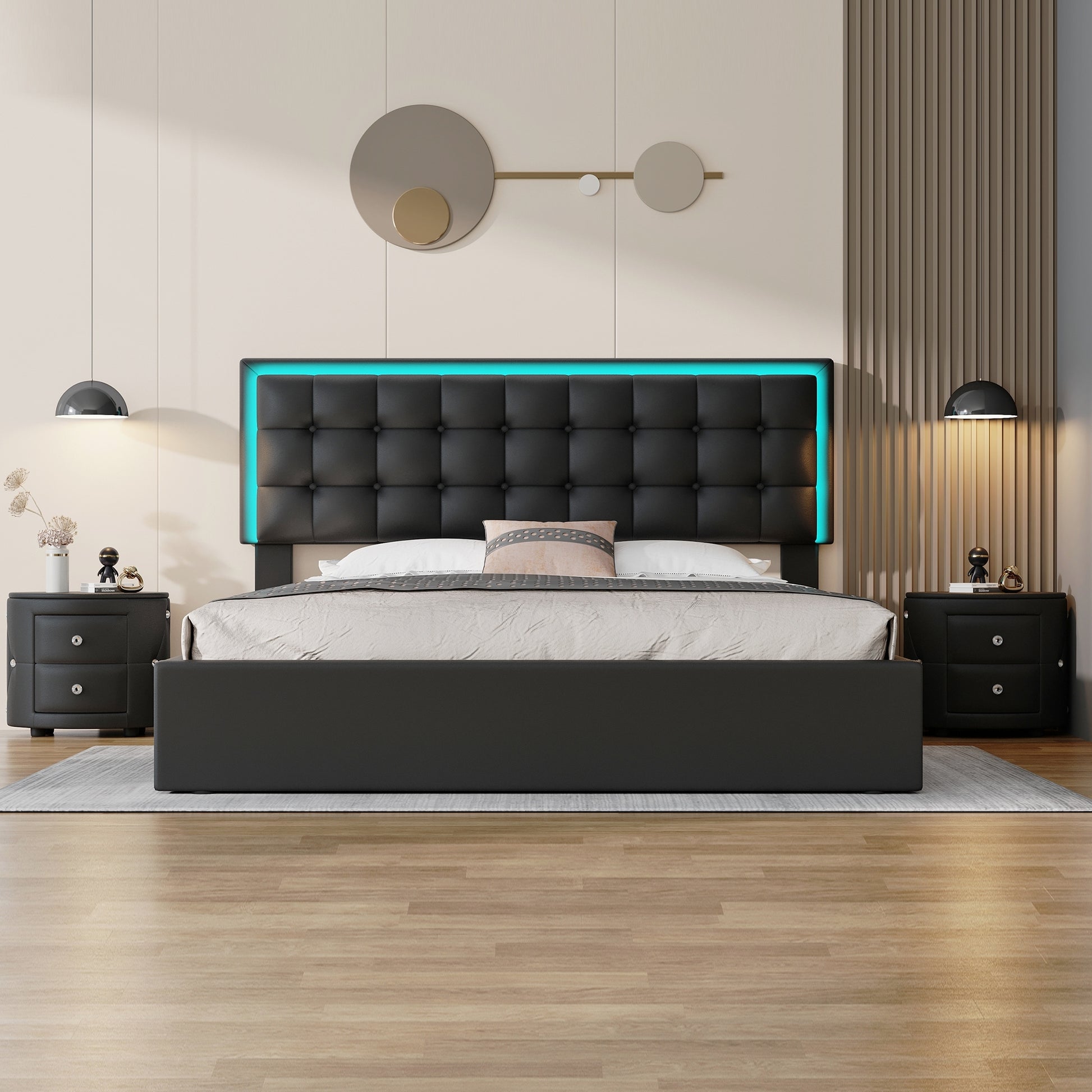 3 Pieces Bedroom Sets,Queen Size Upholstered Bed With Led Lights,Hydraulic Storage System, Two Nightstands With Crystal Decoration,Black Queen Black 3 Piece Set Wood