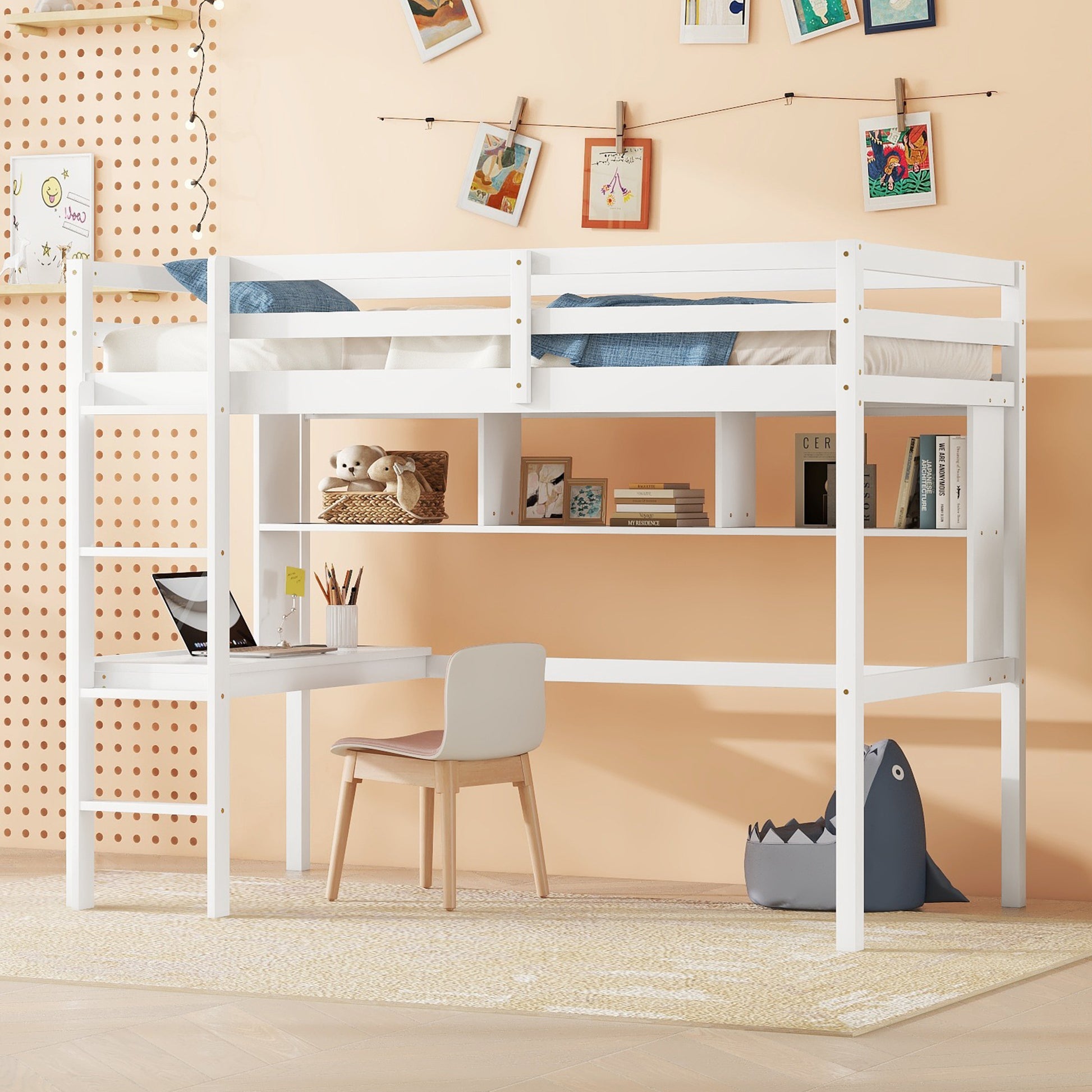 Twin Loft Bed With Built In Desk And Bookcase Of Three Compartments, Guardrails And Ladder,White Twin White Pine