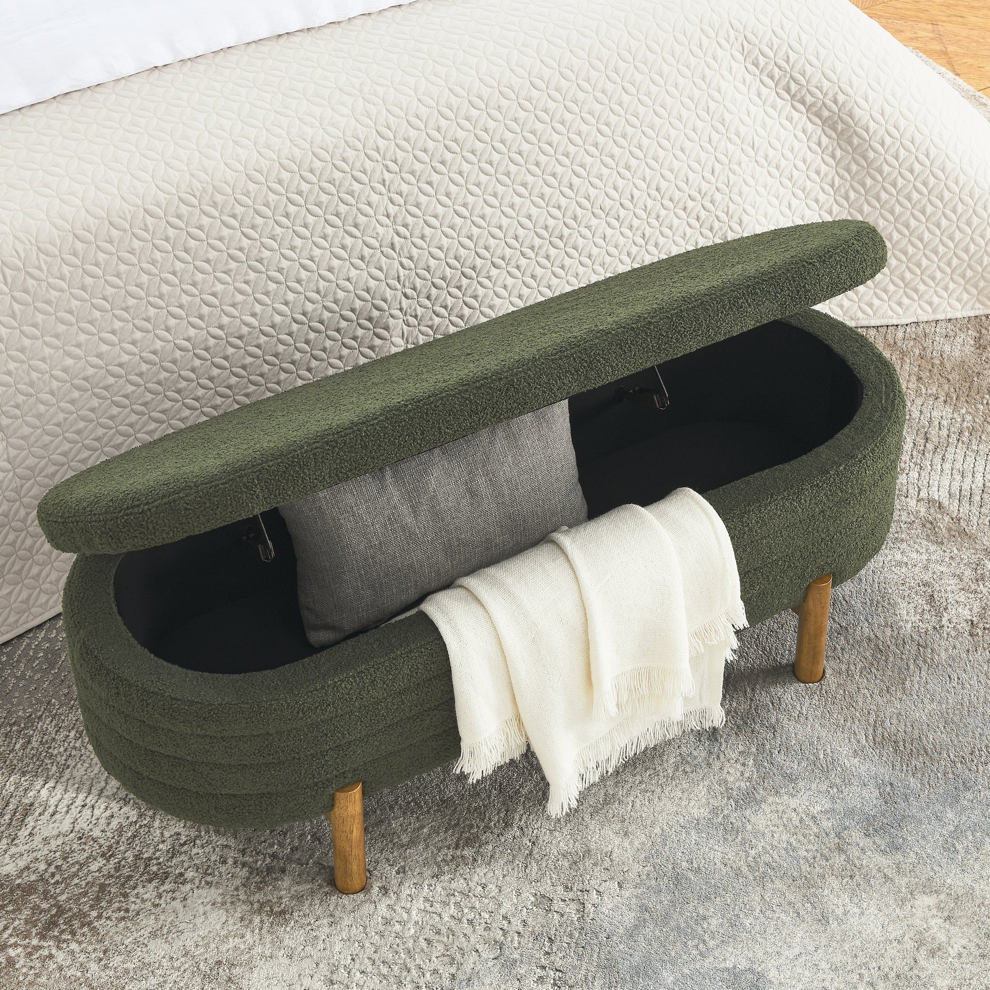 Ottoman Oval Storage Bench,Rubber Wood Leg, Green 46."X17.7"X10.8" Green Foam