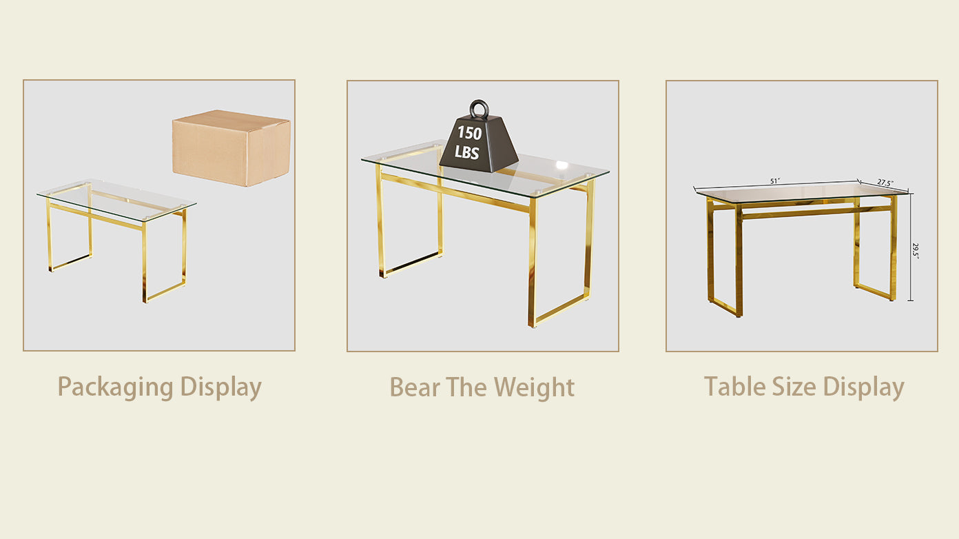 Modern Minimalist Rectangular Glass Dining Table For 4 6 With 0.31" Tempered Glass Tabletop And Golden Chrome Metal Legs, Writing Table Desk, For Kitchen Dining Living Room, 51" W X 27"D X 30" H Transparent Glass Glass
