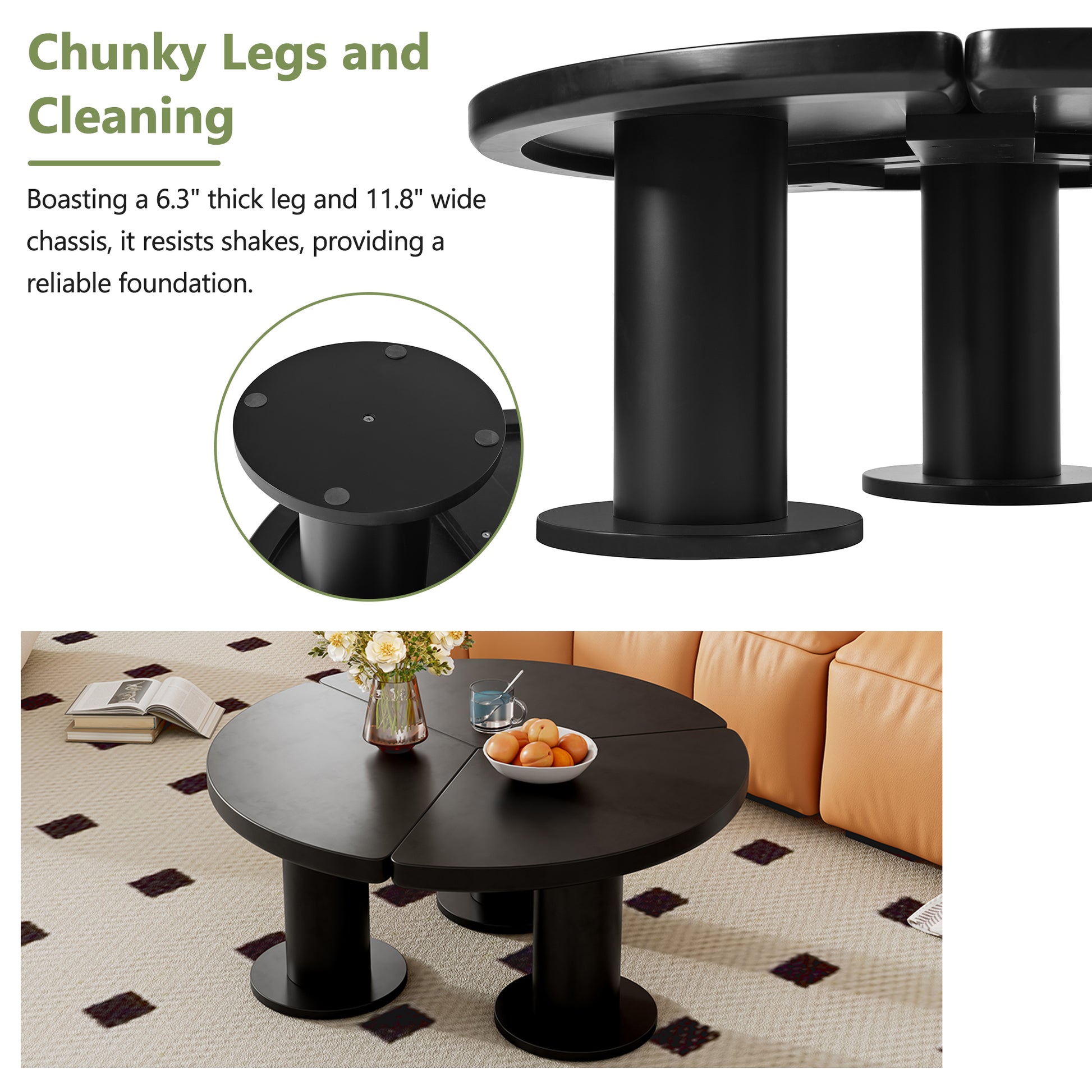 39.4'' Easy Assembly Round Petal Shaped Coffee Table, Cream Style Center Table With 3 Thick Legs, Minimalist Irregular End Table With Sleek Round Edges For Living Room, Black Black Mdf