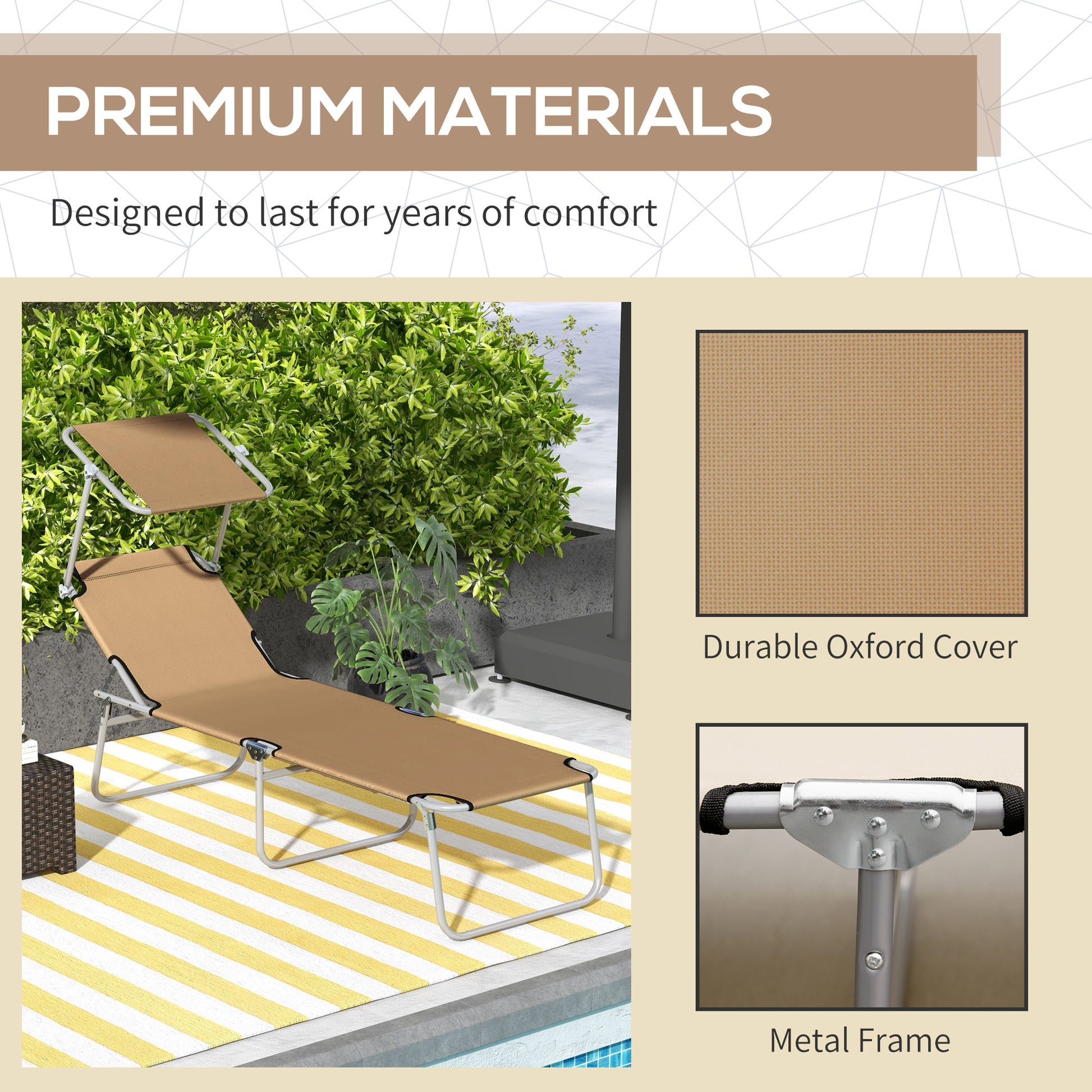 Outsunny Outdoor Lounge Chair, Adjustable Folding Chaise Lounge, Tanning Chair With Sun Shade For Beach, Camping, Hiking, Backyard, Tan Tan Steel