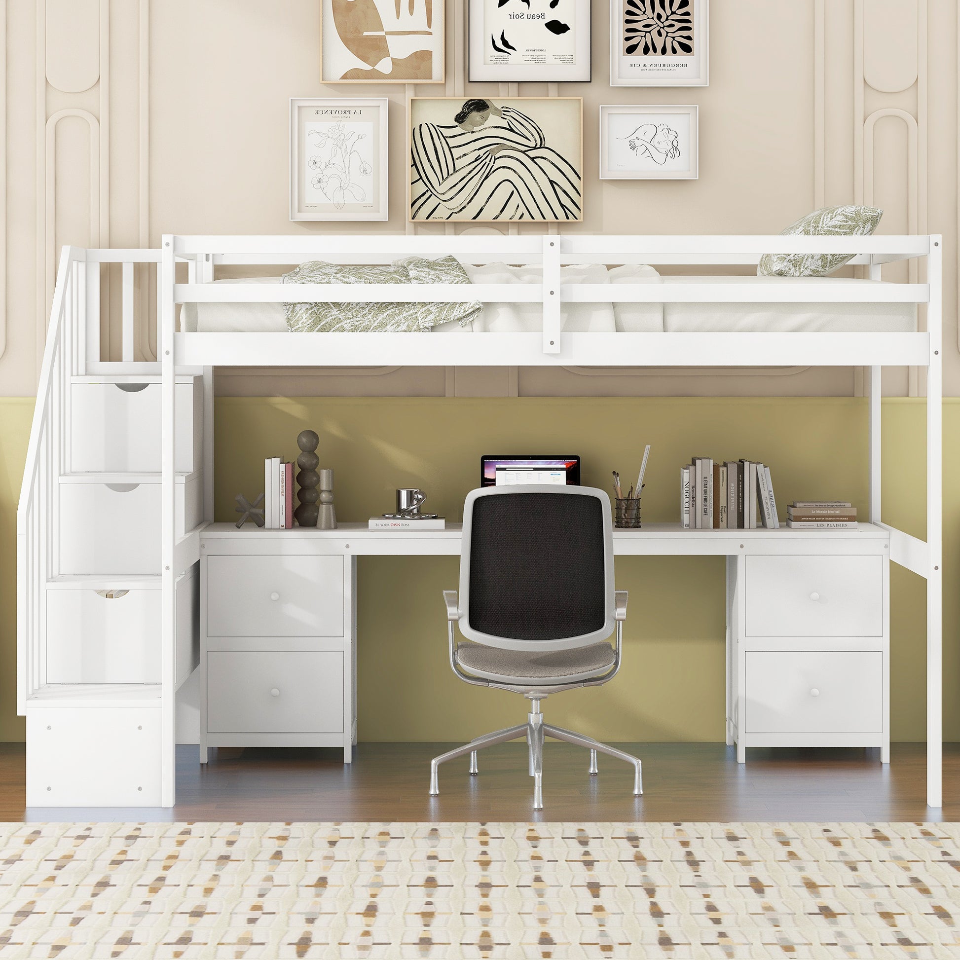 Twin Size Loft Bed Frame With Built In Desk And Double Storage Drawers,White Twin White Solid Wood Mdf