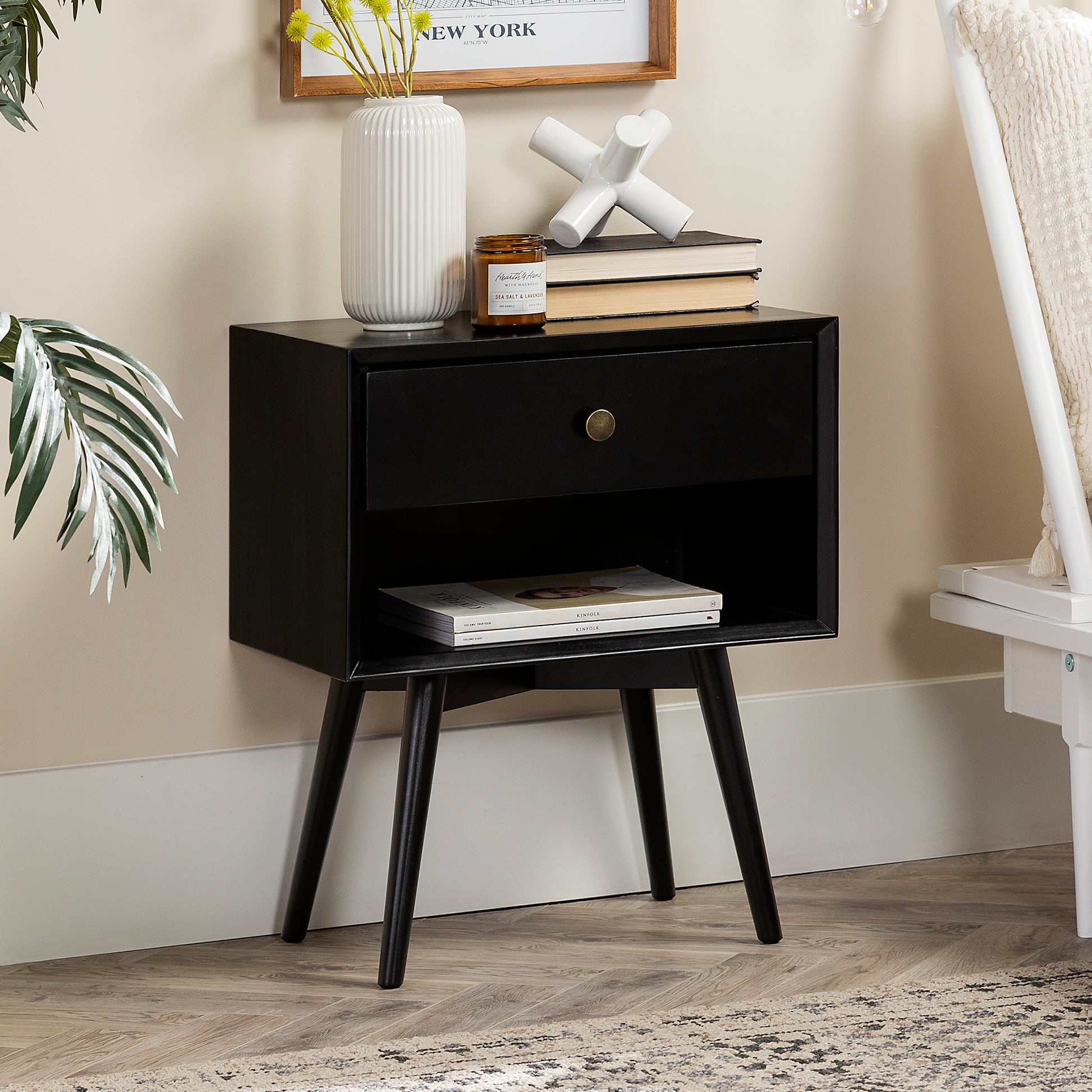 Mid Century Modern Single Drawer Solid Wood Nightstand Black Black Pine