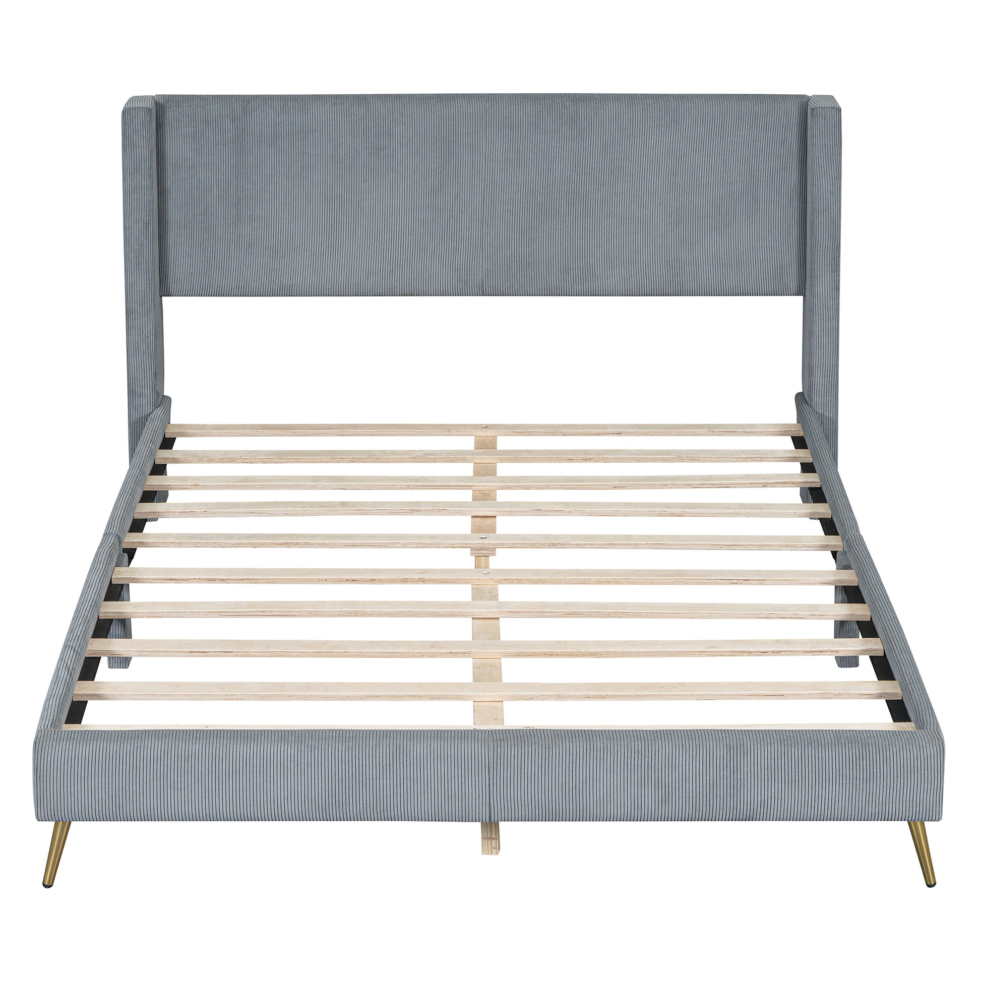 Queen Size Corduroy Platform Bed With Metal Legs, Gray Old Sku:Wf300238Aae Queen Gray Corduroy