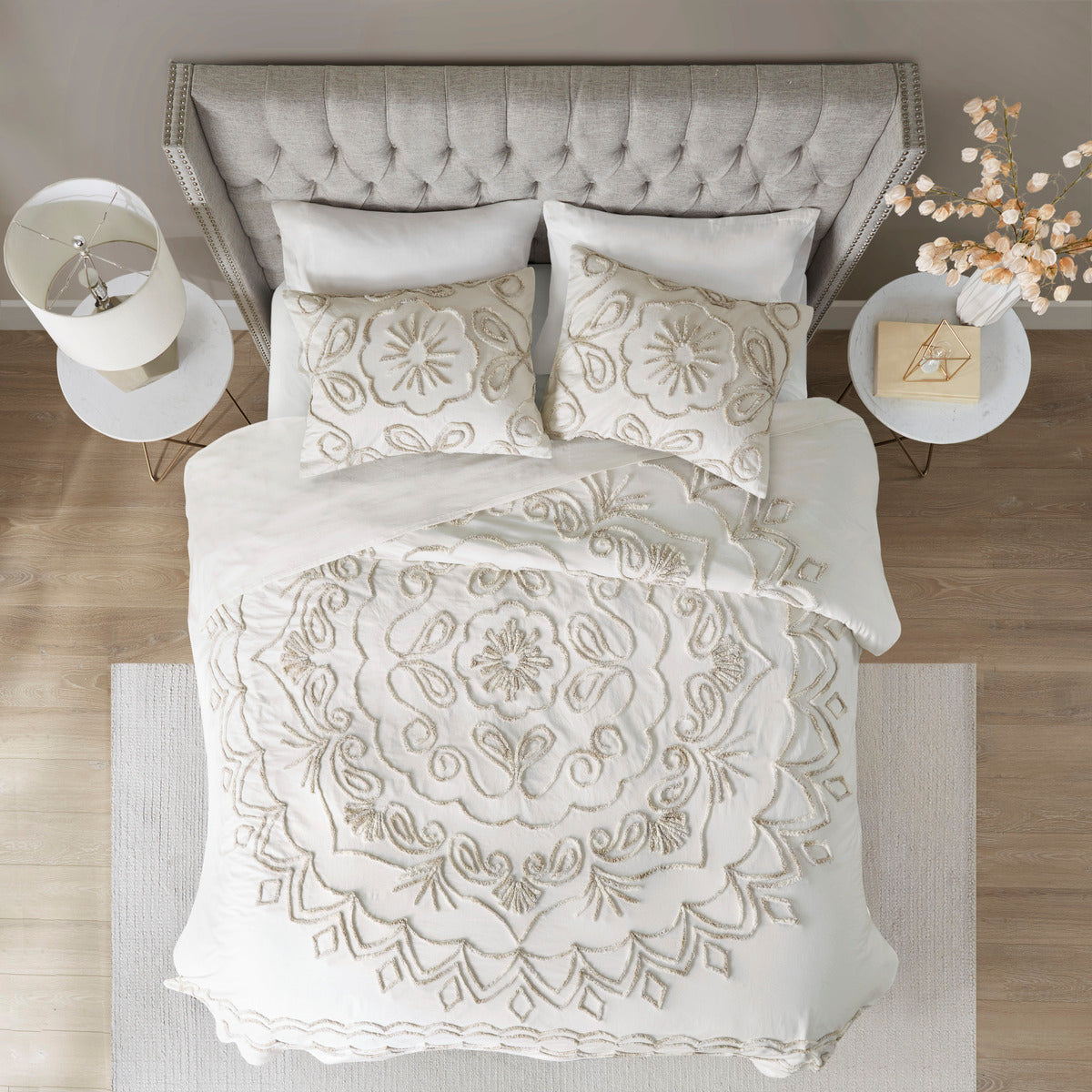 3 Piece Tufted Cotton Chenille Coverlet Set Ivory Taupe King Cal King Ivory Taupe Cotton