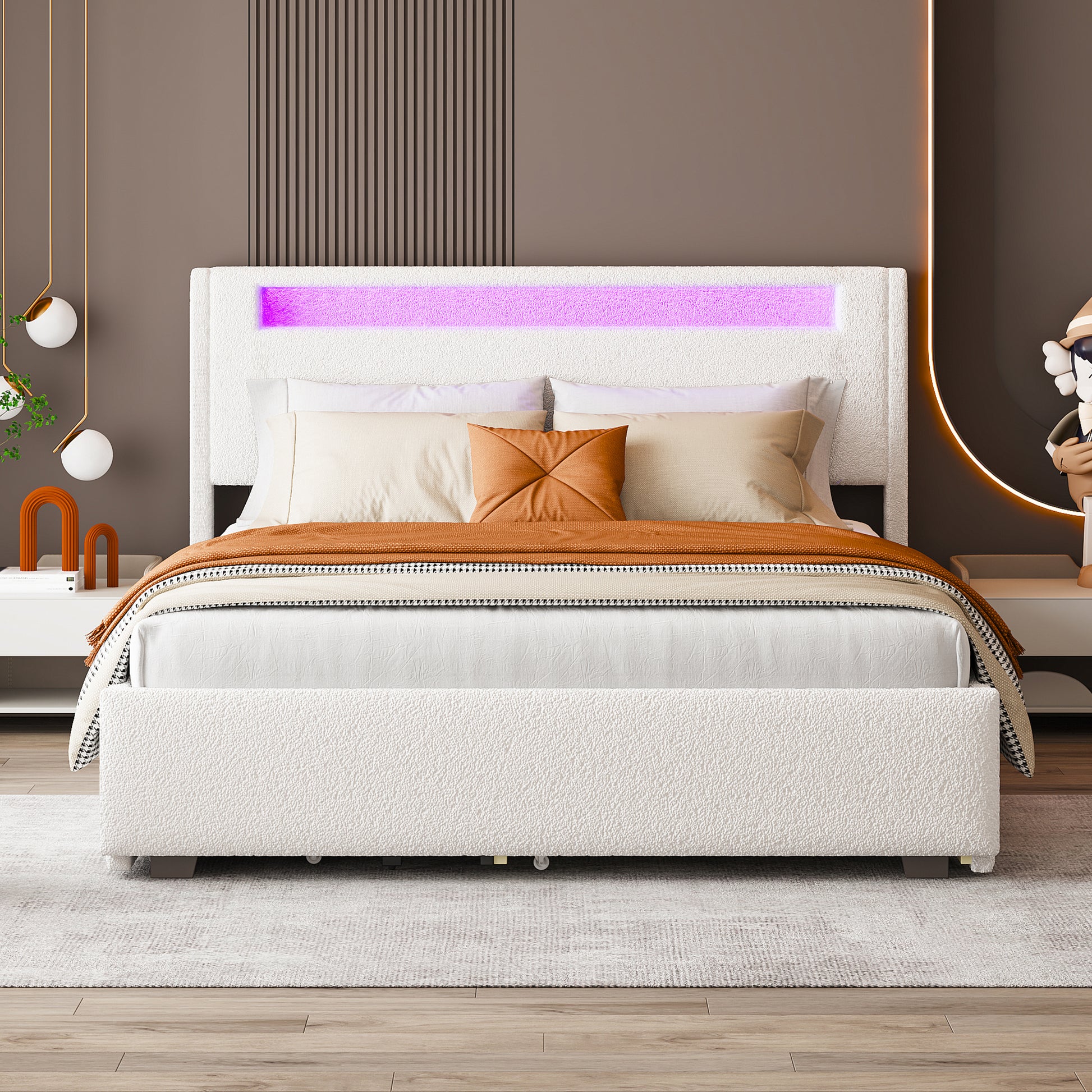 Queen Size Upholstered Platform Bed With Led Frame, With Twin Xl Size Trundle And 2 Drawers, Teddy Fleece, White White Fleece