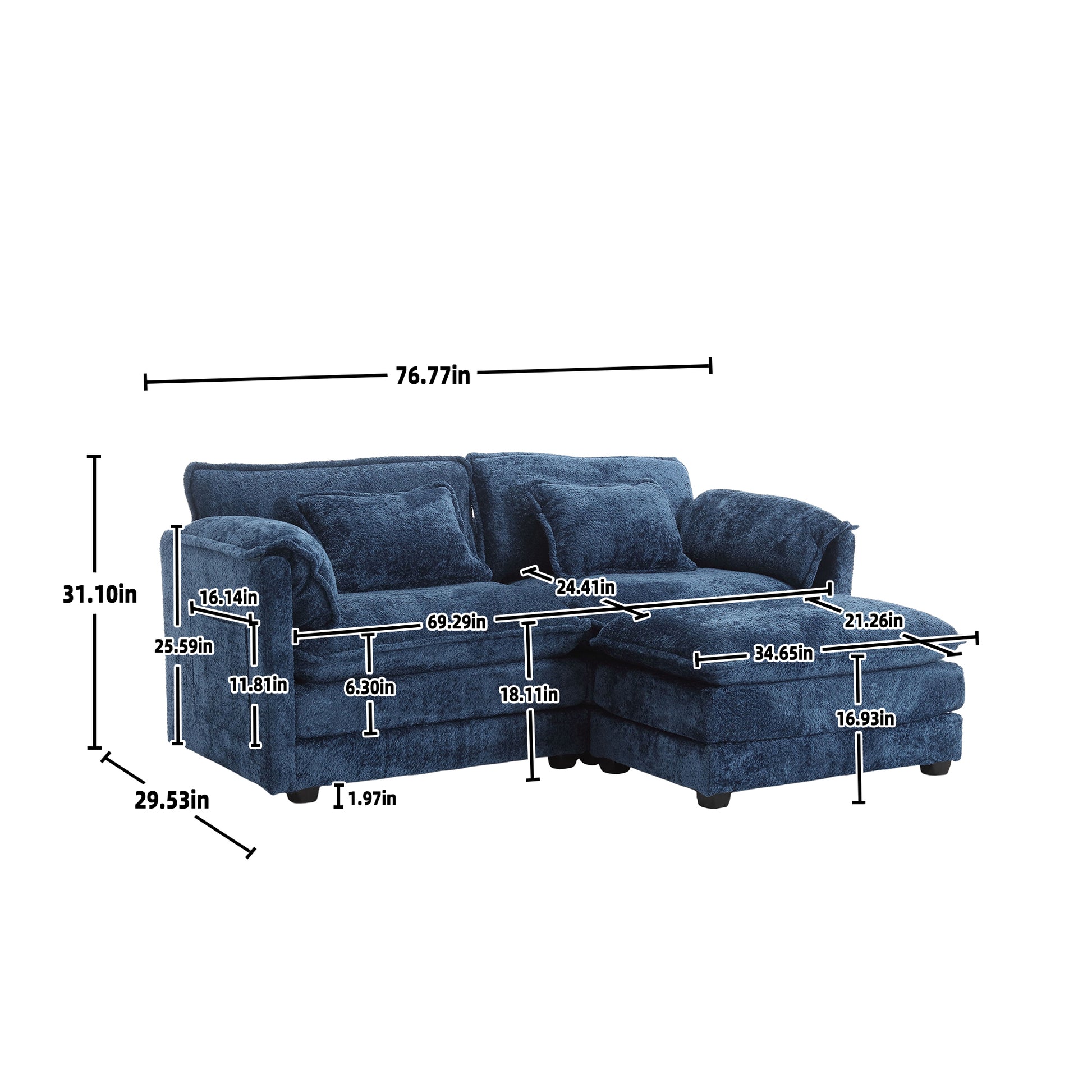 United We Win Chenille Fabric, Removable Armrests With Side Pockets, High Density Sponge Filling, Oversized Double Sofa With Footstool Navy Chenille 2 Seat