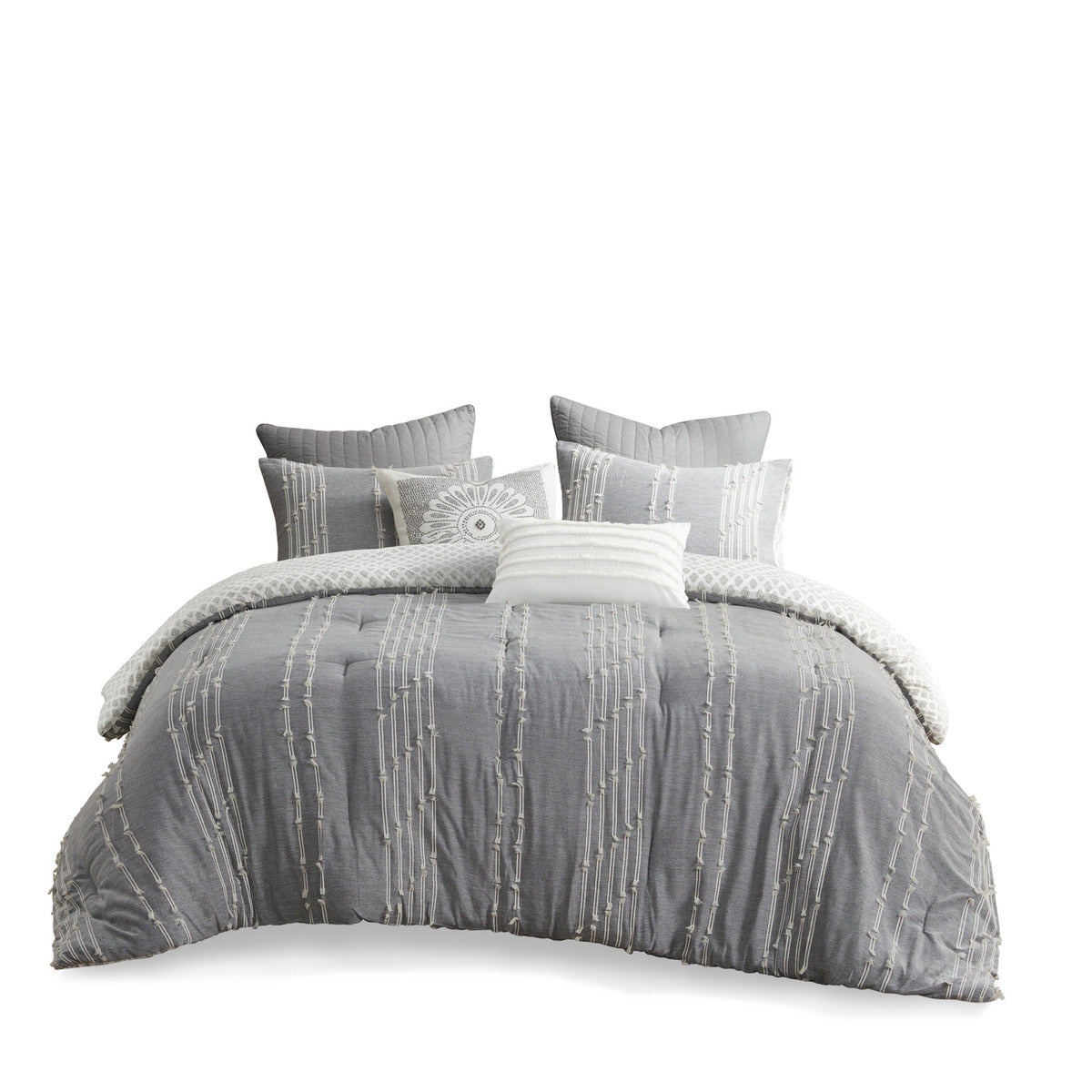3 Piece Cotton Jacquard Comforter Set Gray Full Queen Queen Gray Cotton