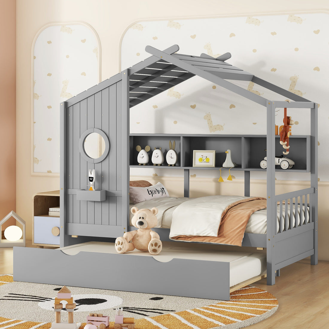 Wooden Twin Size House Bed With Trundle, Modern Design For Kids With Storage Shlef, Gray Twin Gray Solid Wood