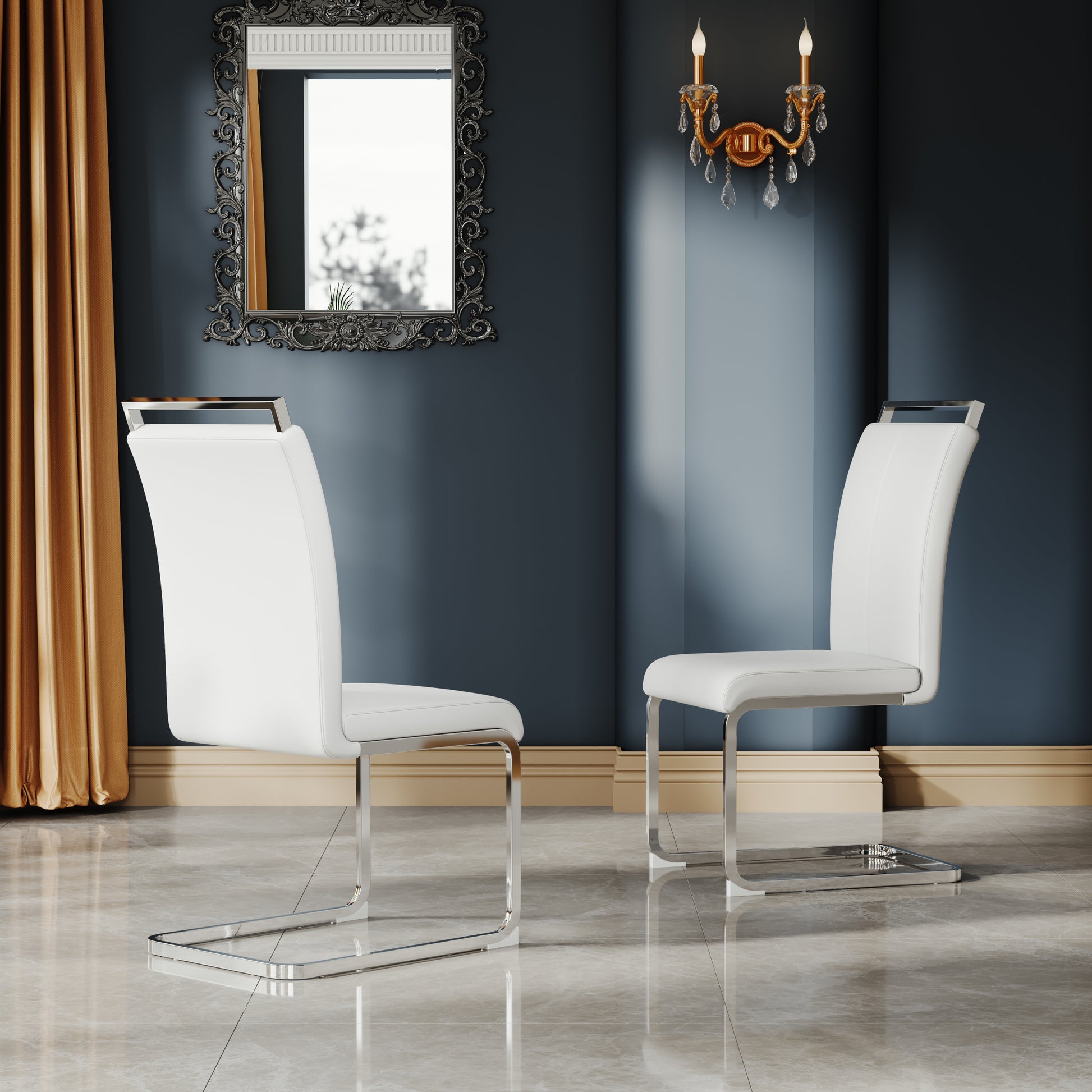A Set Of 4 Artificial Leather Dining Chairs, Featuring An Arched Chair Design And Paired With Stainless Steel Legs. Silver White Pu Leather