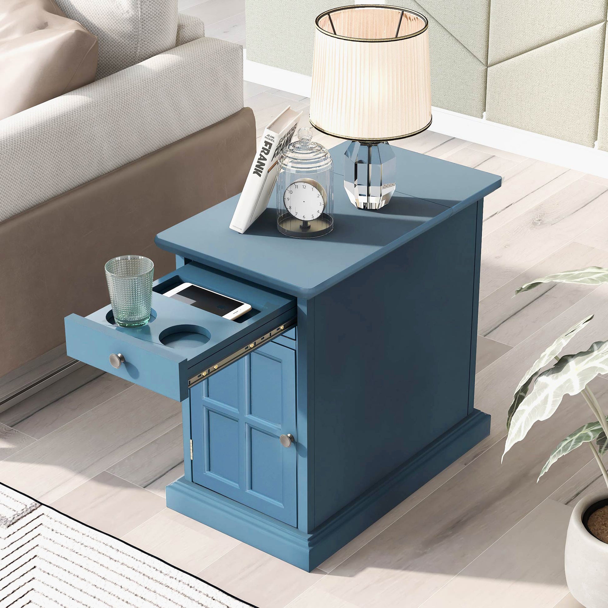 Classic Vintage Livingroom End Table Side Table With Usb Ports And One Multifunctional Drawer With Cup Holders, Antique Navy Antique Navy Solid Wood