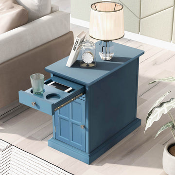 Classic Vintage Livingroom End Table Side Table With Usb Ports And One Multifunctional Drawer With Cup Holders, Antique Navy Antique Navy Solid Wood