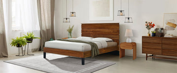 Mid Century Modern Solid Wood Bed Frame King Size Platform Bed With Six Piece Headboard Design, No Box Spring Needed, Brown King Brown Pine