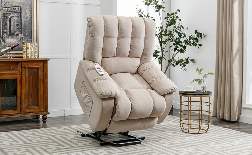 Massage Recliner Chair Electric Power Lift Recliner Chairs With Heat, Vibration, Side Pocket For Living Room Bedroom, Beige Beige Velvet