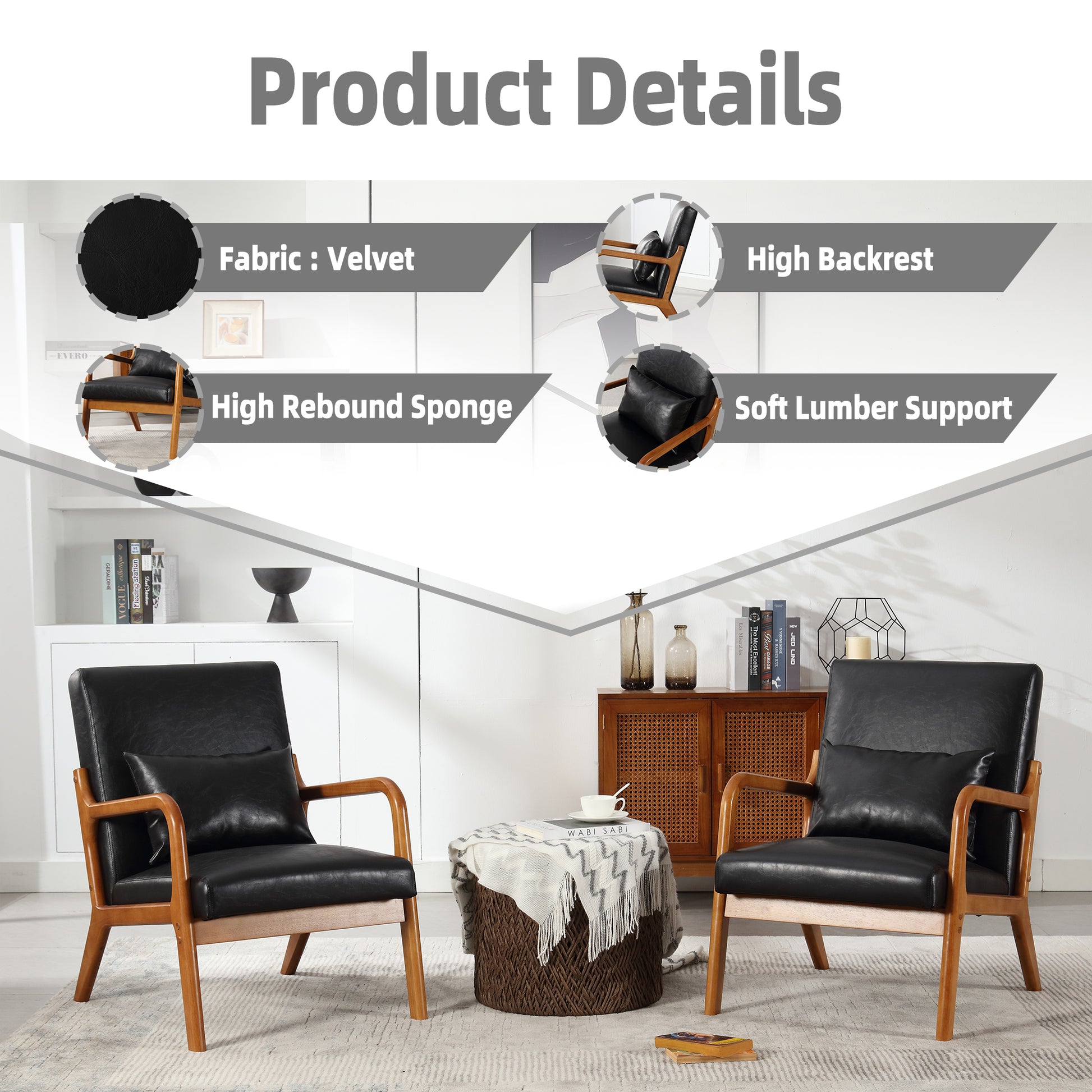 Coolmore Modern Accent Chair, Solid Wood Padding Lounge Armchairs With One Pillow For Living Room, Bedroom, Guest Room Black Pu Black Pu Brown Primary Living Space Modern Rubberwood Foam Pu Leather