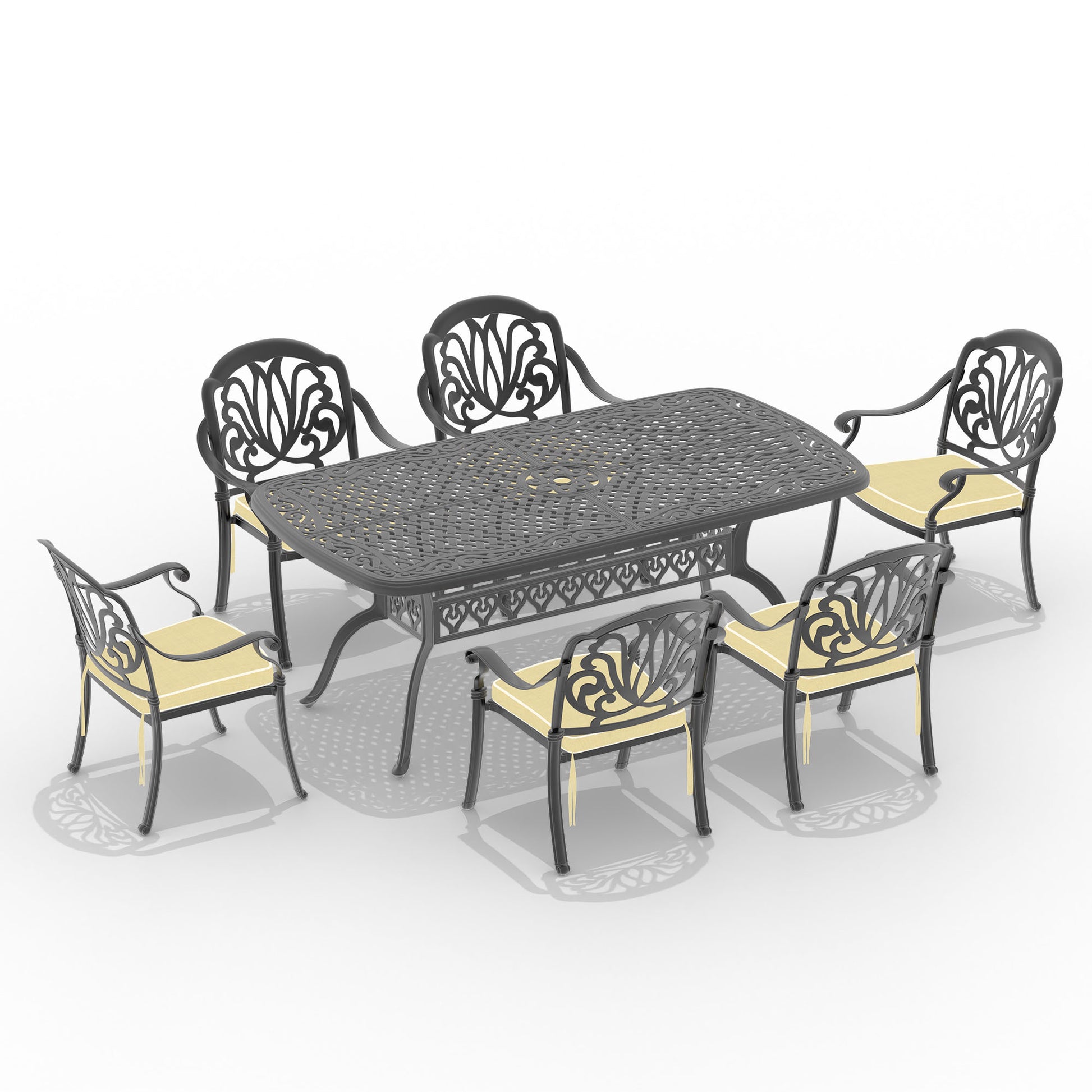 Cushions In Random Colors 7 Piece Set Of Cast Aluminum Patio Furniture With Cushions Yes Dining Set Off White Black Seats 6 Rust Resistant Frame Water Resistant Cushion Garden & Outdoor Complete Patio Sets Aluminium