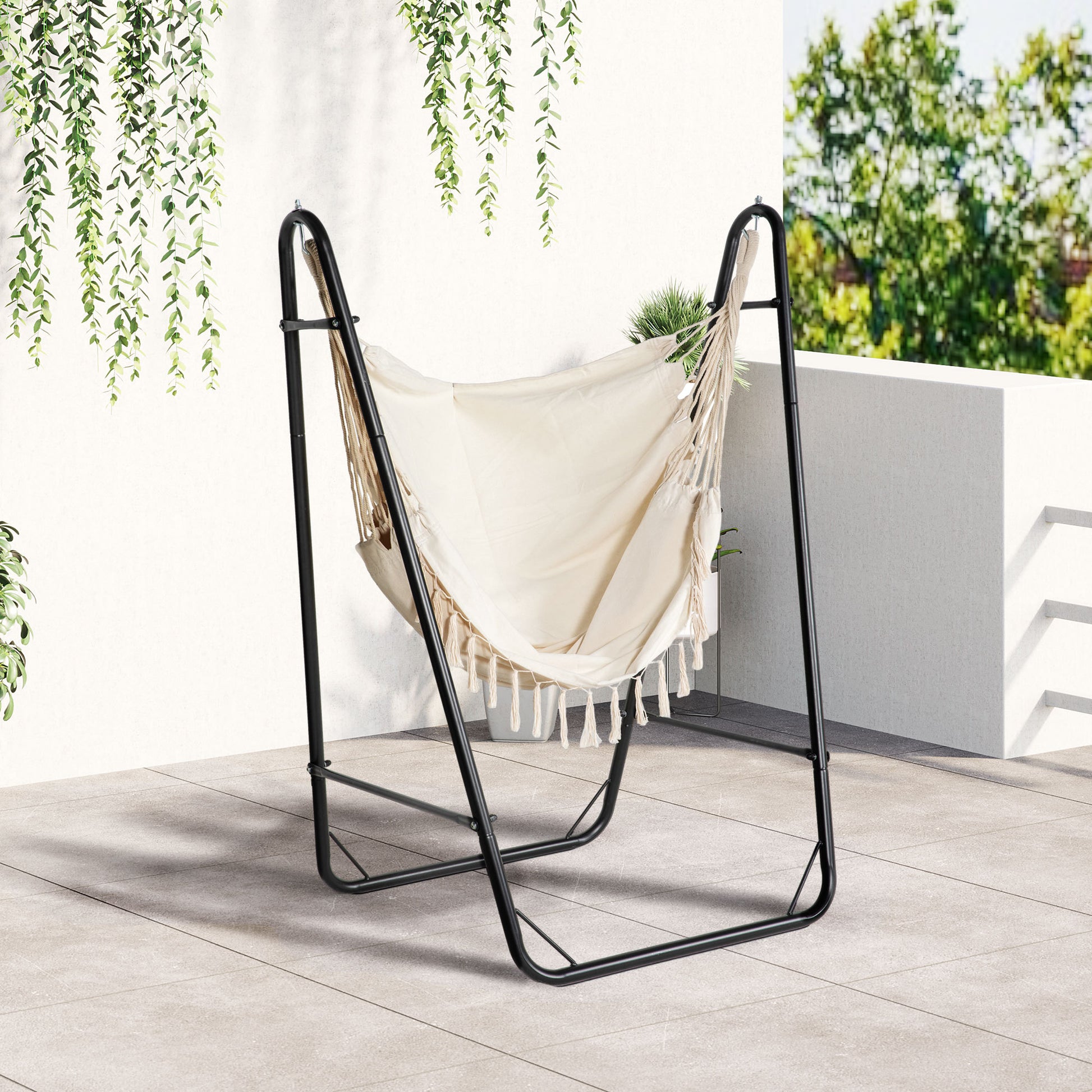 Outsunny Patio Hammock Chair With U Shape Stand, Outdoor Hammock Swing Hanging Lounge Chair With Side Pocket, Black Cream White White Steel