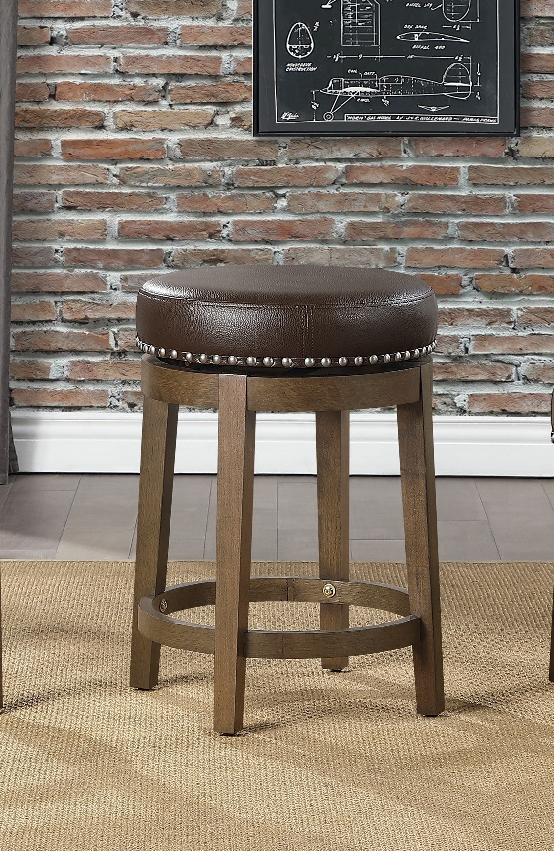 Round Swivel Counter Height Stools Set Of 2, Brown Faux Leather 360 Degree Swivel Seat Trim Solid Wood Frame Brown Finish Furniture Brown Dining Room Round Solid Wood