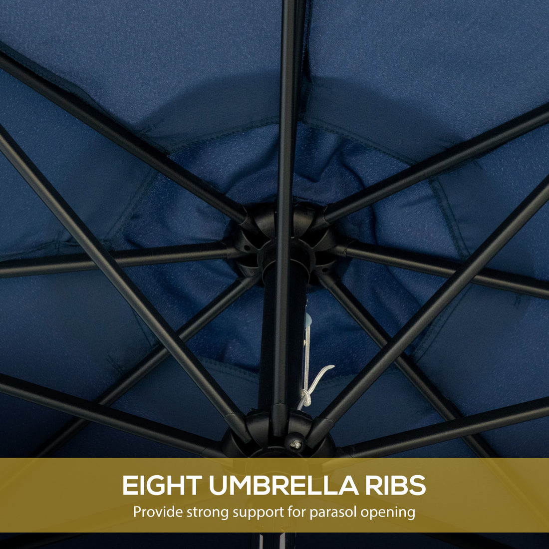 Outsunny 9Ft Patio Umbrella With Push Button Tilt And Crank, Ruffled Outdoor Market Table Umbrella With Tassles And 8 Ribs, For Garden, Deck, Pool, Dark Blue Dark Blue Polyester