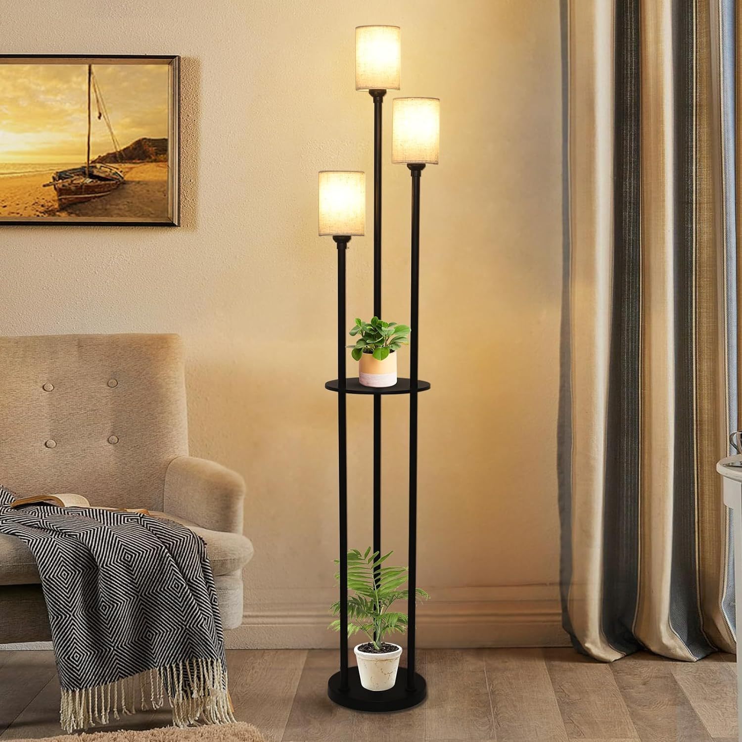 Floor Lamp With Shelves, Modern Floor Lamps For Living Room, 3 Lights Standing Lamp With Linen Shade And Foot Switch, Industrial Standing Lamps For Bedroom, Black Tall Table Lamp For Office Brown Black Rattan Metal